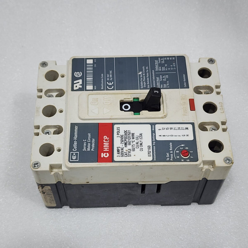 EATON CUTLER HAMMER HMCP003AOC 3A INDUSTRIAL CIRCUIT BREAKER 600VAC/250VDC HMCP