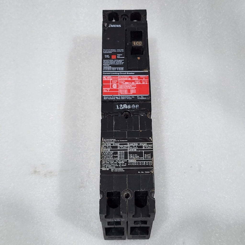 SIEMENS CED62B100 CED 2-POLE 100A CIRCUIT BREAKER 600VAC 250VDC