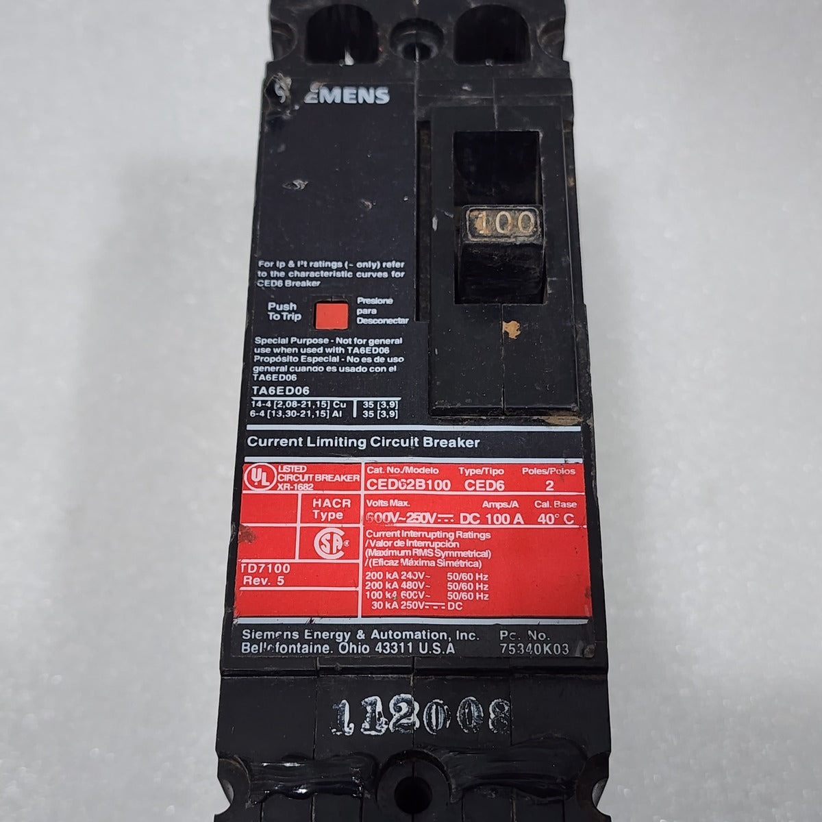 SIEMENS CED62B100 CED 2-POLE 100A CIRCUIT BREAKER 600VAC 250VDC