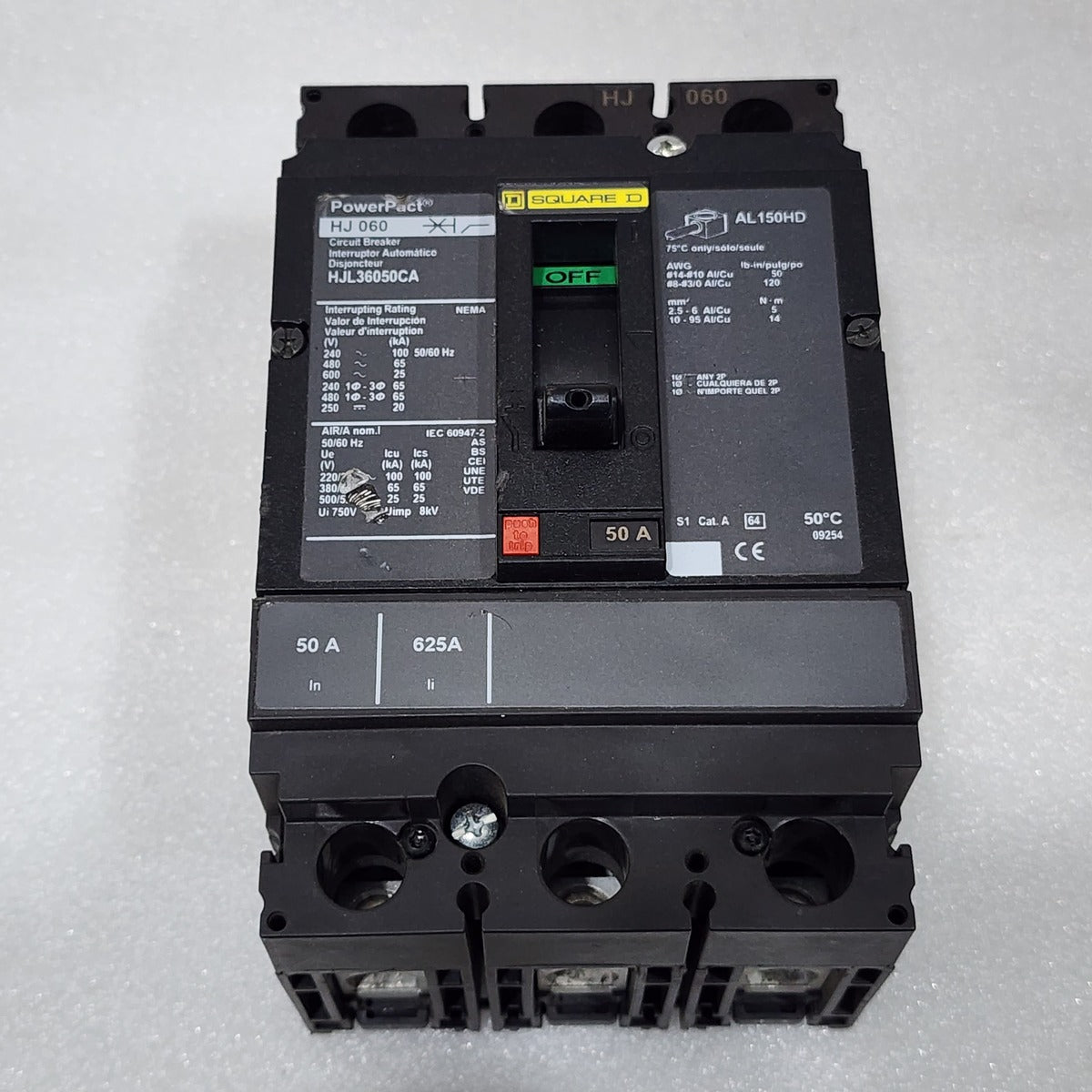 SQUARE D HJL36050CA 50A CIRCUIT BREAKER 480VAC 250VDC HJ 060