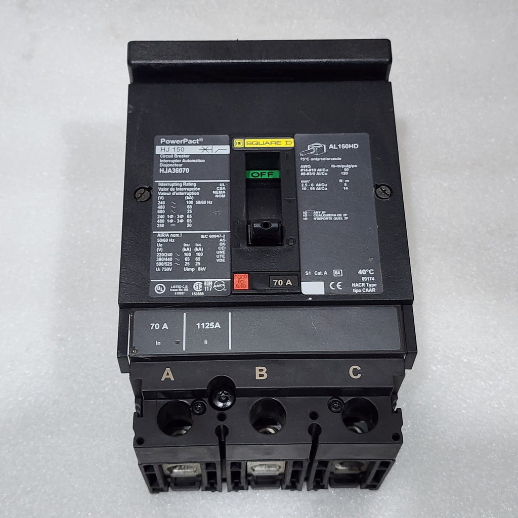 SQUARE D HJA36070 70A CIRCUIT BREAKER 480VAC 250VDC WITHOUT JAWS & PROTECTOR