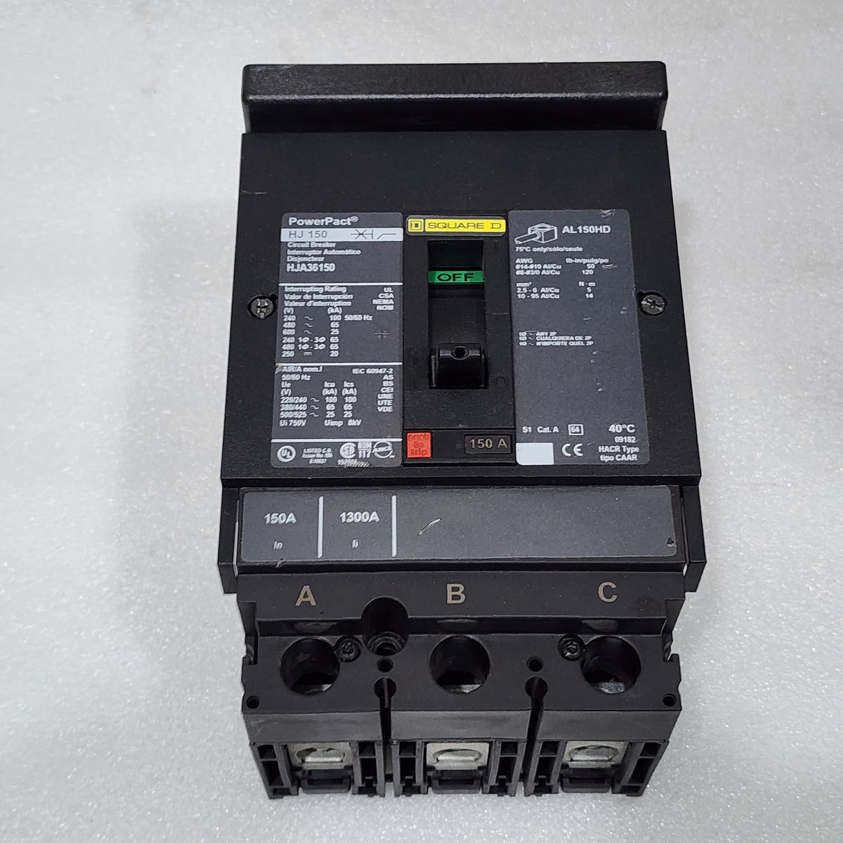 SQUARE D HJA36150 150A CIRCUIT BREAKER 480VAC 250VDC WITHOUT JAWS & PROTECTOR