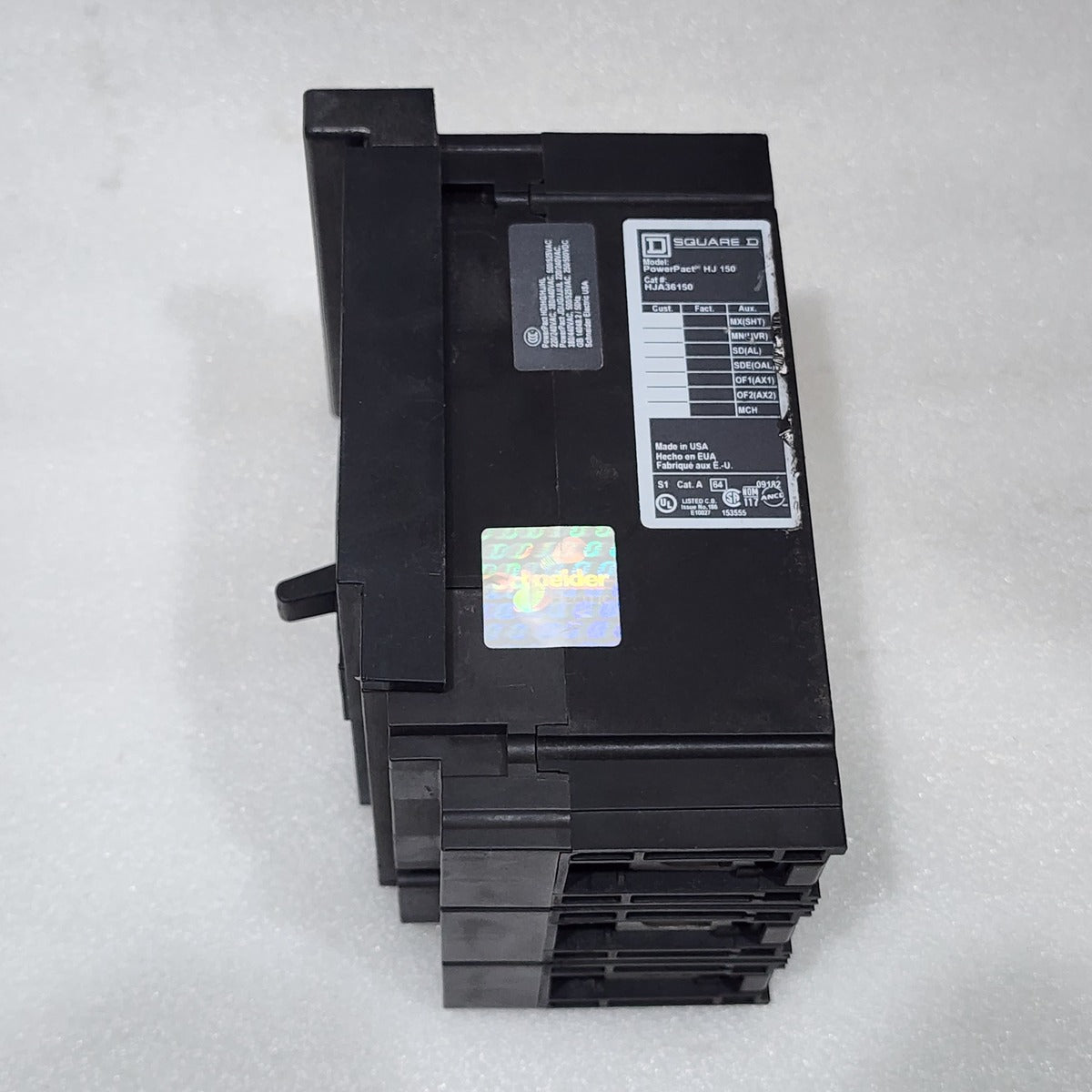 SQUARE D HJA36150 150A CIRCUIT BREAKER 480VAC 250VDC WITHOUT JAWS & PROTECTOR