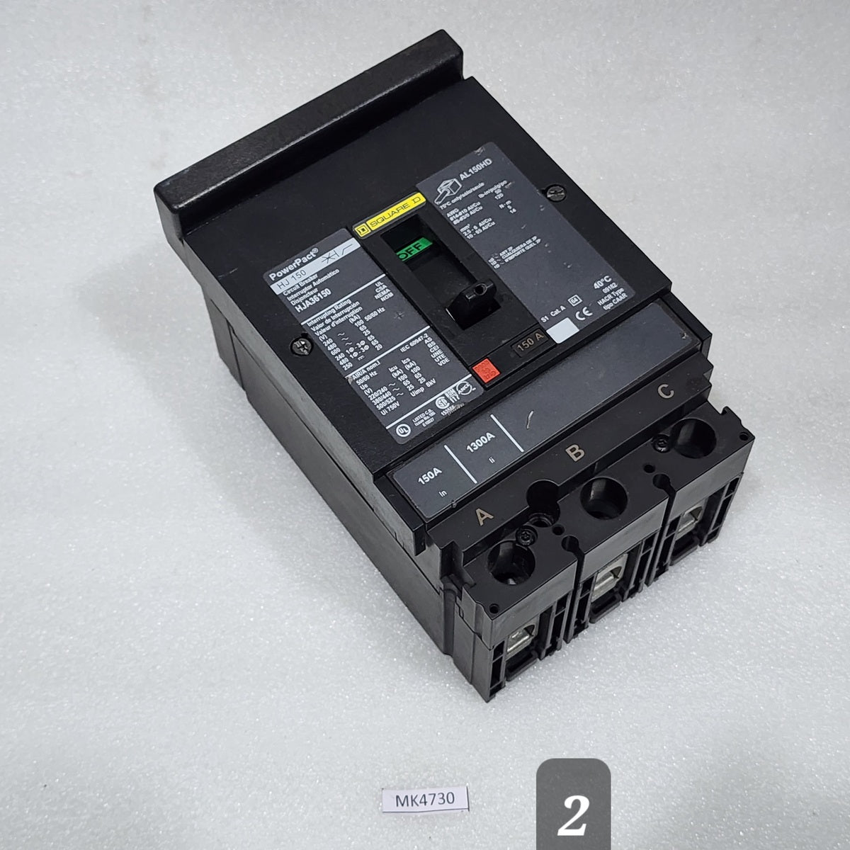 SQUARE D HJA36150 150A CIRCUIT BREAKER 480VAC 250VDC WITHOUT JAWS & PROTECTOR