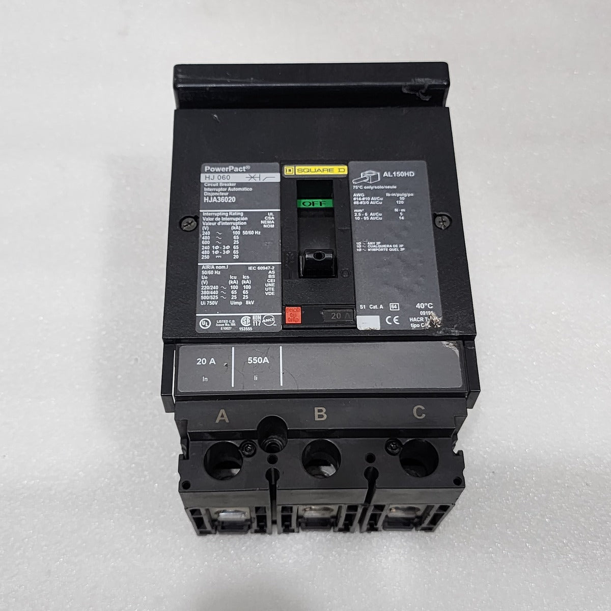 SQUARE D HJA36020 20A CIRCUIT BREAKER 480VAC 250VDC  POWERPACT HJ 060