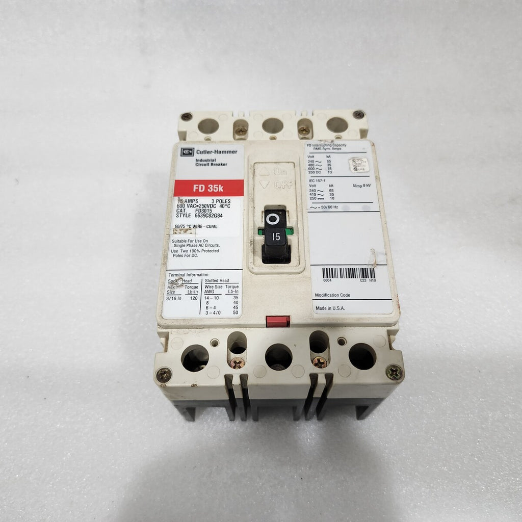 EATON CUTLER HAMMER FD3015 15A INDUSTRIAL CIRCUIT BREAKER 600VAC/250VDC HD 35K