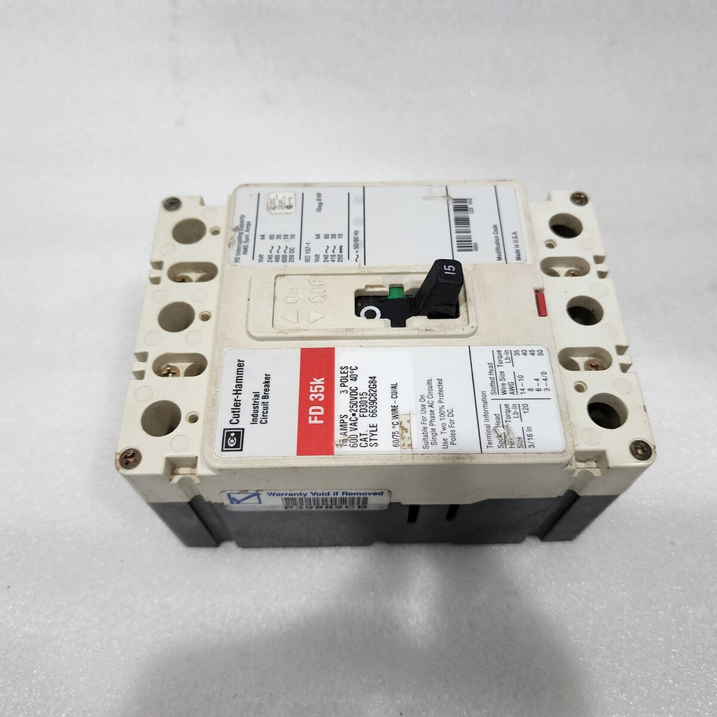 EATON CUTLER HAMMER FD3015 15A INDUSTRIAL CIRCUIT BREAKER 600VAC/250VDC HD 35K