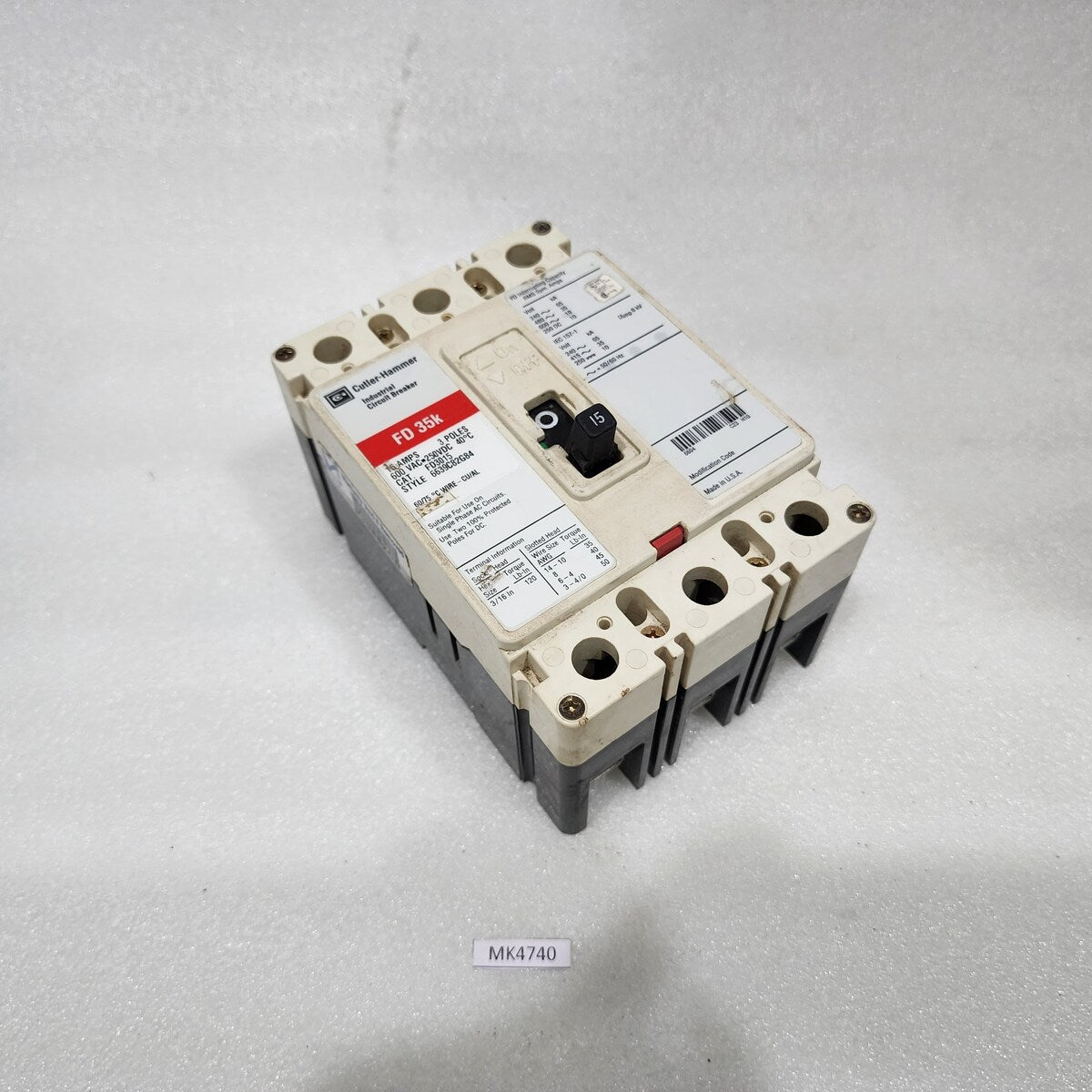 EATON CUTLER HAMMER FD3015 15A INDUSTRIAL CIRCUIT BREAKER 600VAC/250VDC HD 35K