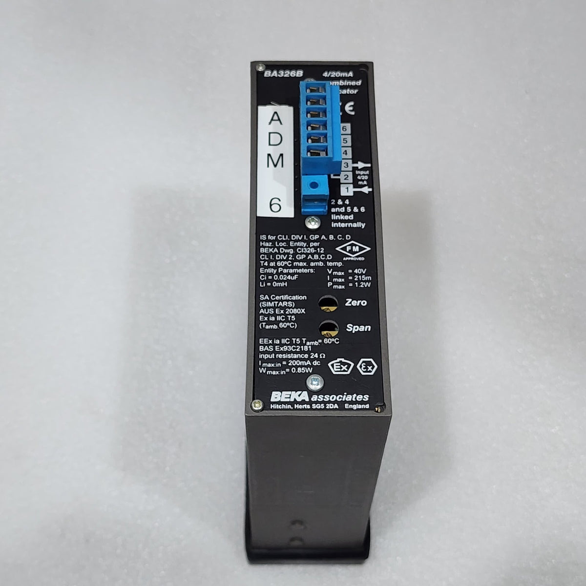 BEKA ASSOCIATES BA326B INTRINSICALLY SAFE 2-WIRE 4/20 mA COMBINED INDICATOR