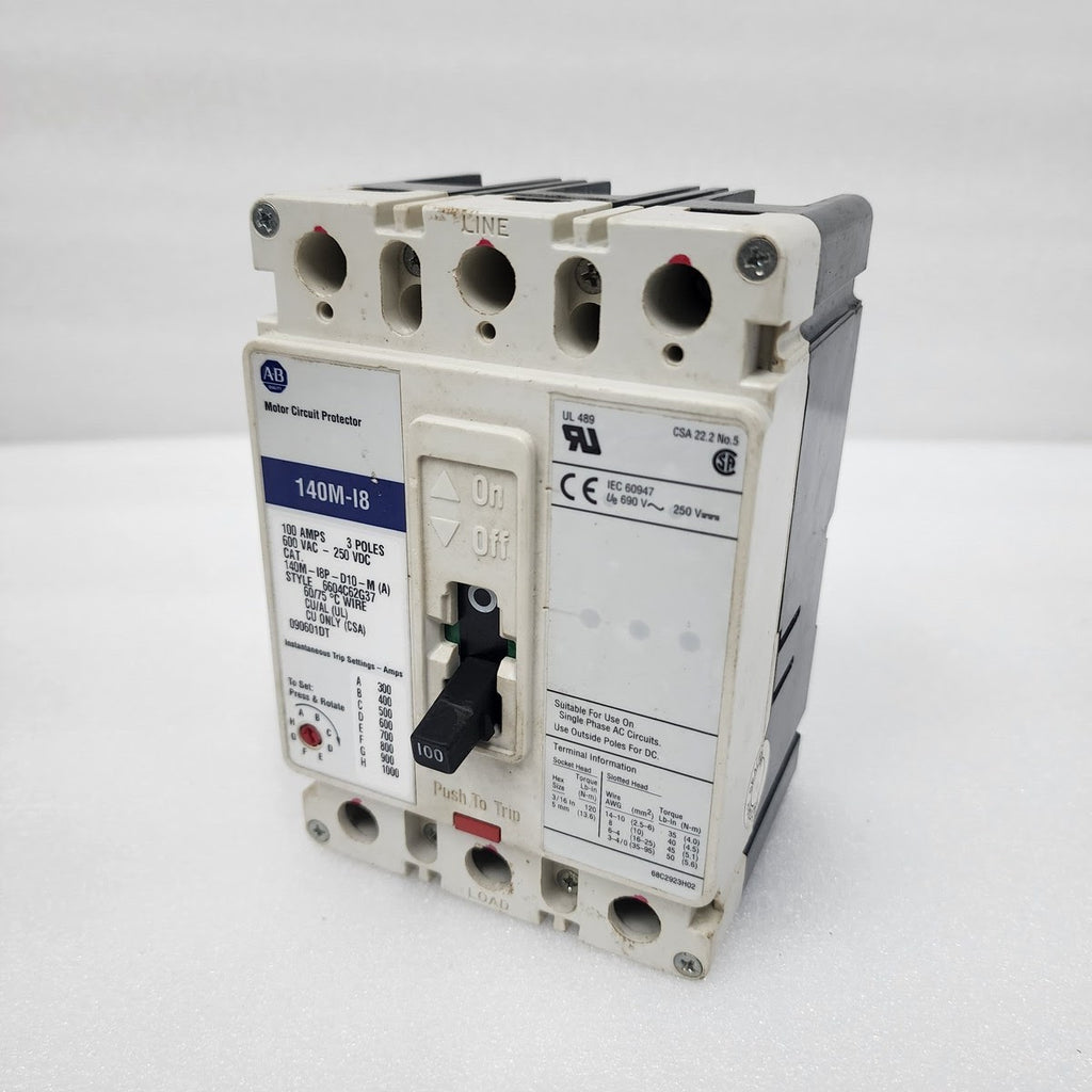 ALLEN BRADLEY 140M-I8P-D10-M 3-POLE CIRCUIT BREAKER 100A 600VAV 250VDC 140M-I8