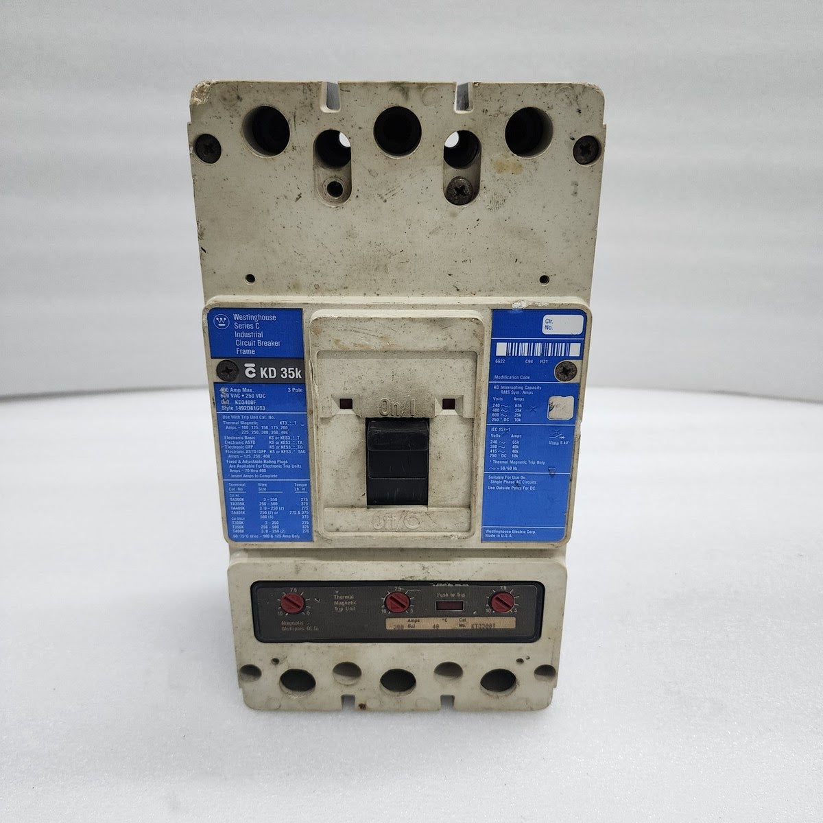WESTINGHOUSE KD3400F CIRCUIT BREAKER 400A 600VAC/250VDC 1492D81G03
