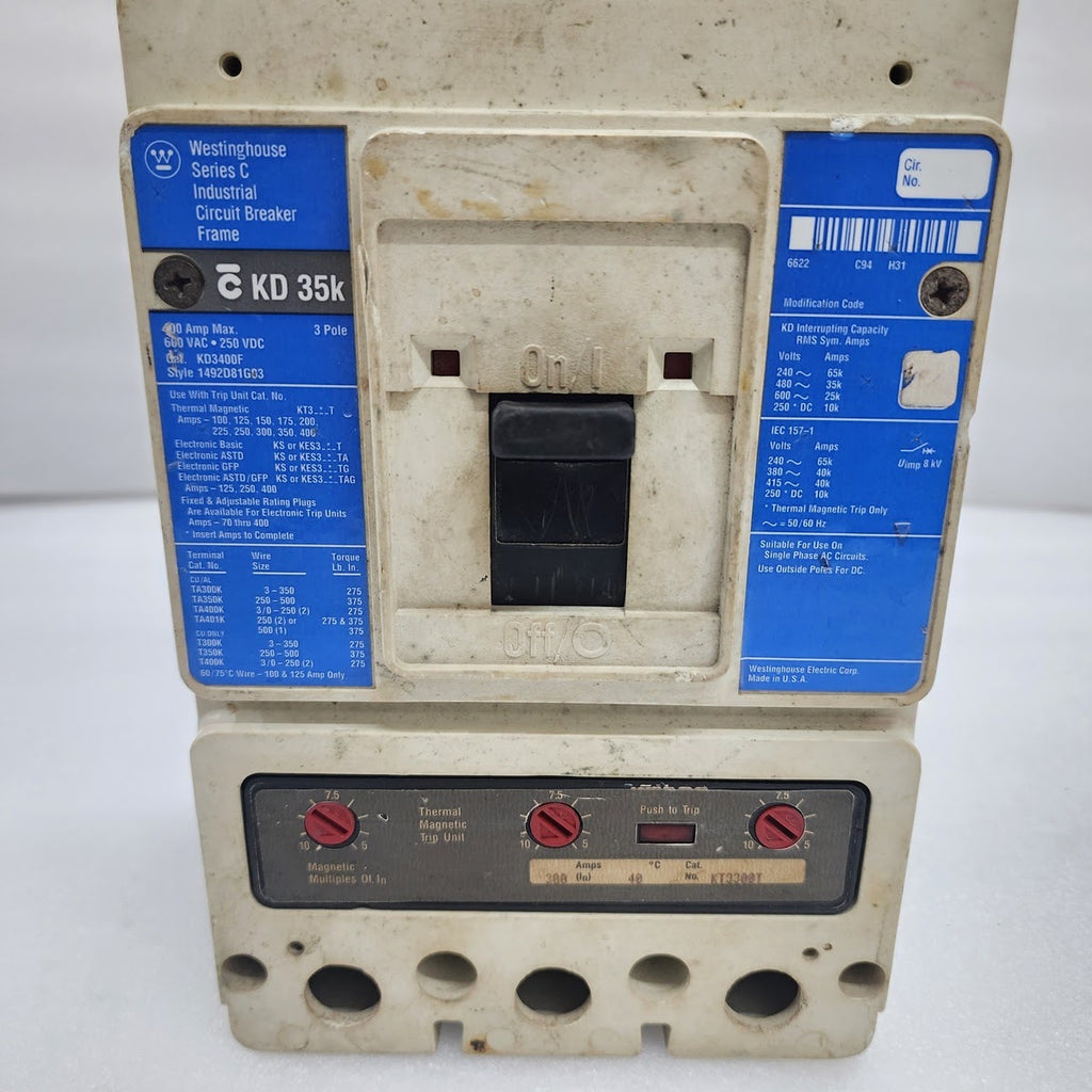 WESTINGHOUSE KD3400F CIRCUIT BREAKER 400A 600VAC/250VDC 1492D81G03