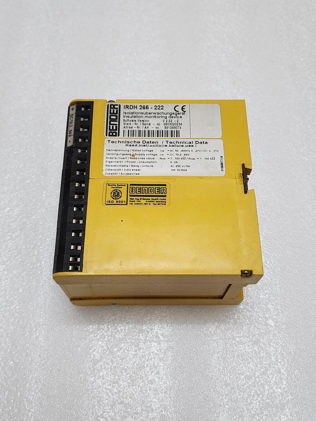 BENDER SERIE 260 IRDH 265-222 A-ISOMETER B91068073 INSULATION MONITORING DEVICE