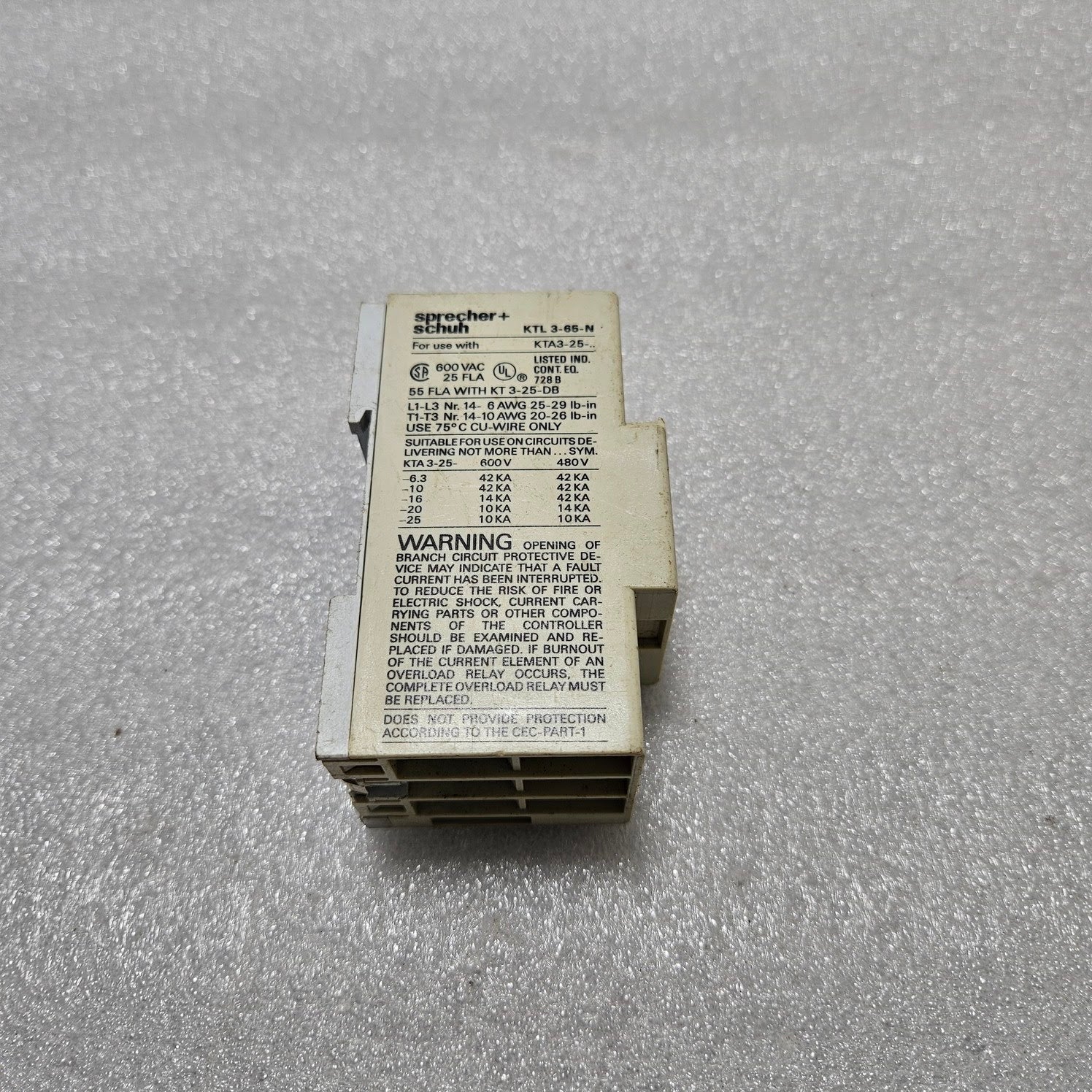 SPRECHER + SCHUH KTL3-65-N 3-POLE CONTACTOR 65A