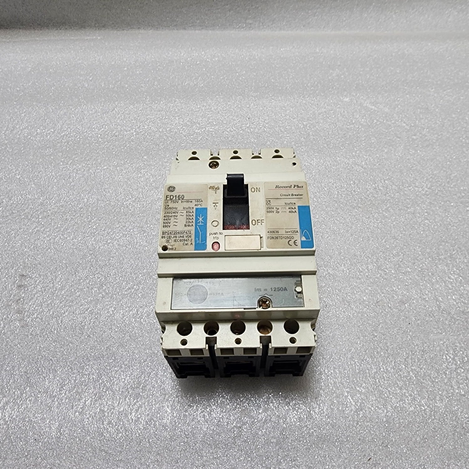 GENERAL ELECTRIC FD160 CIRCUIT BREAKER 160A 430636 RELAY 1250A FDN36TD125GD