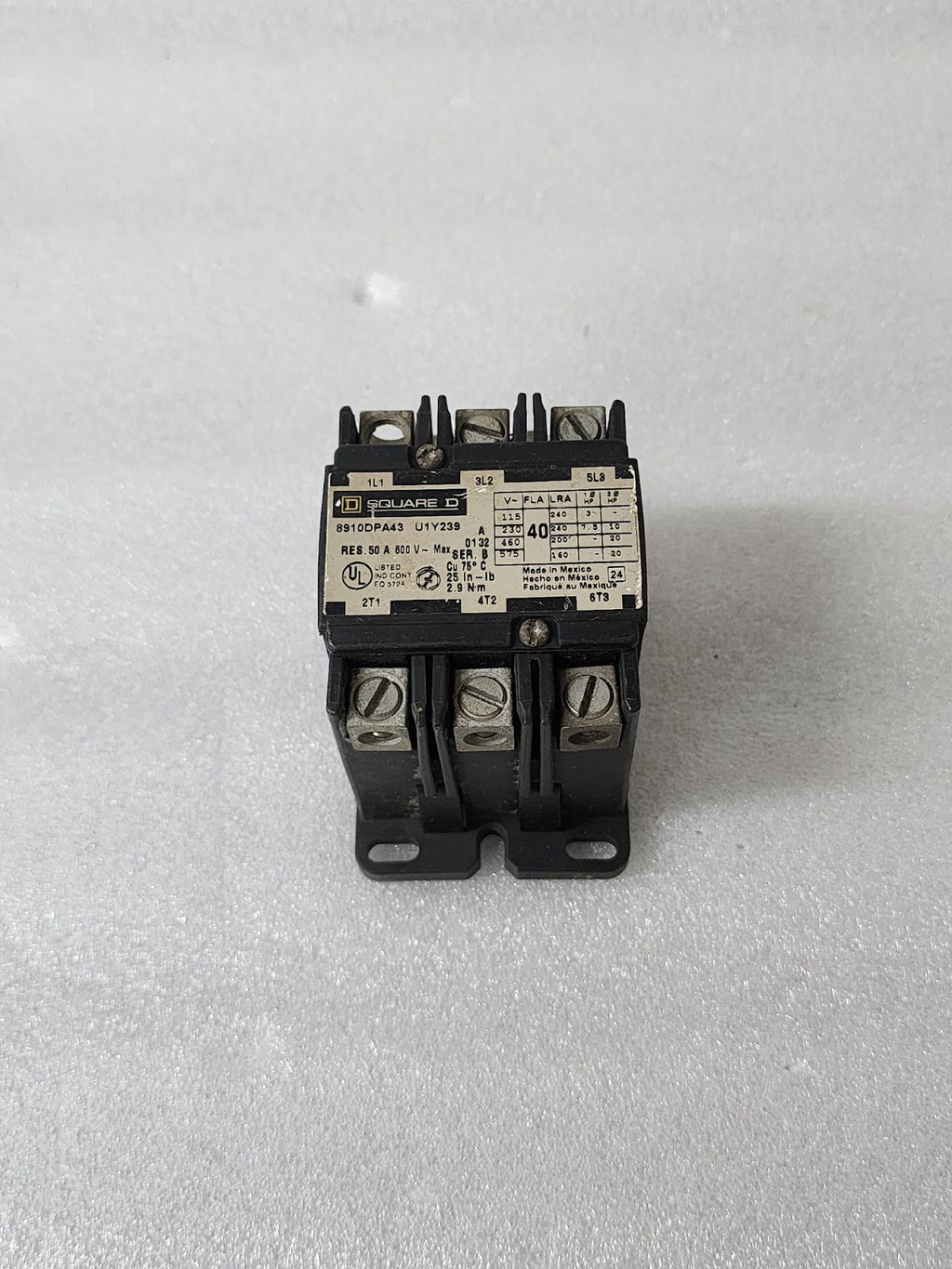 SQUARE D 8910DPA43 3-POLE CONTACTOR 40A COIL VOLTAGE 110-120V