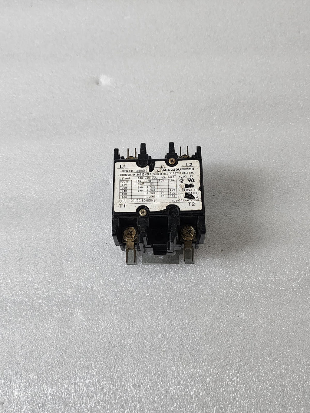 ARROW HART CONTROLS ACC220UMM20 3-POLE CONTACTOR 25A COIL VOLTAGE 120V