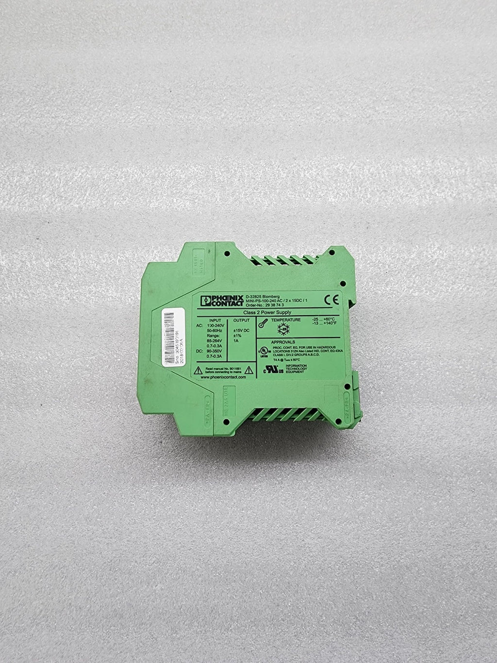 PHOENIX CONTACT MINI-PS-100-240AC/2X15DC/1 POWER SUPPLY 2938743 15V 1A