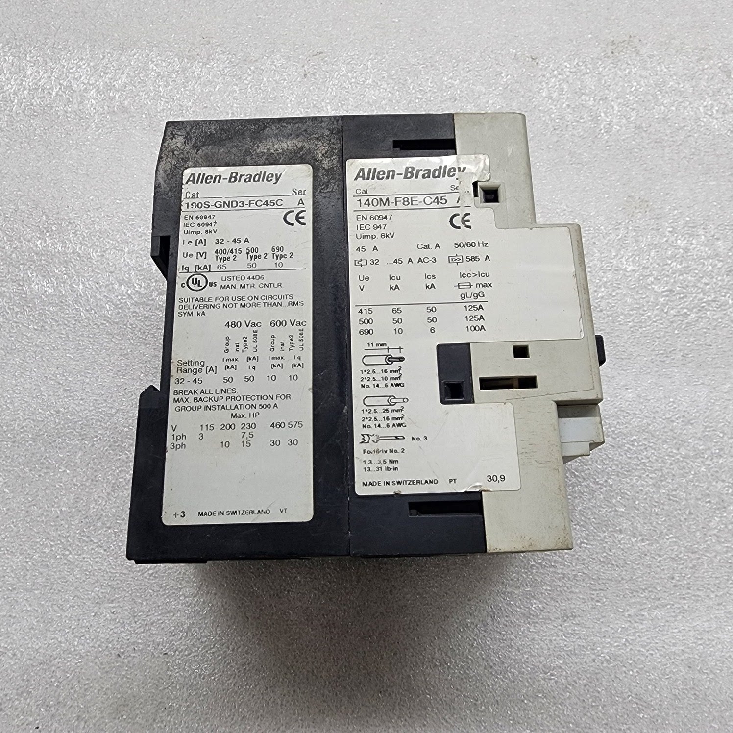 ALLEN BRADLEY CAT 140M-F8E-C45 STARTER CONTACTOR 190S-GND3-FC45C SERIES A
