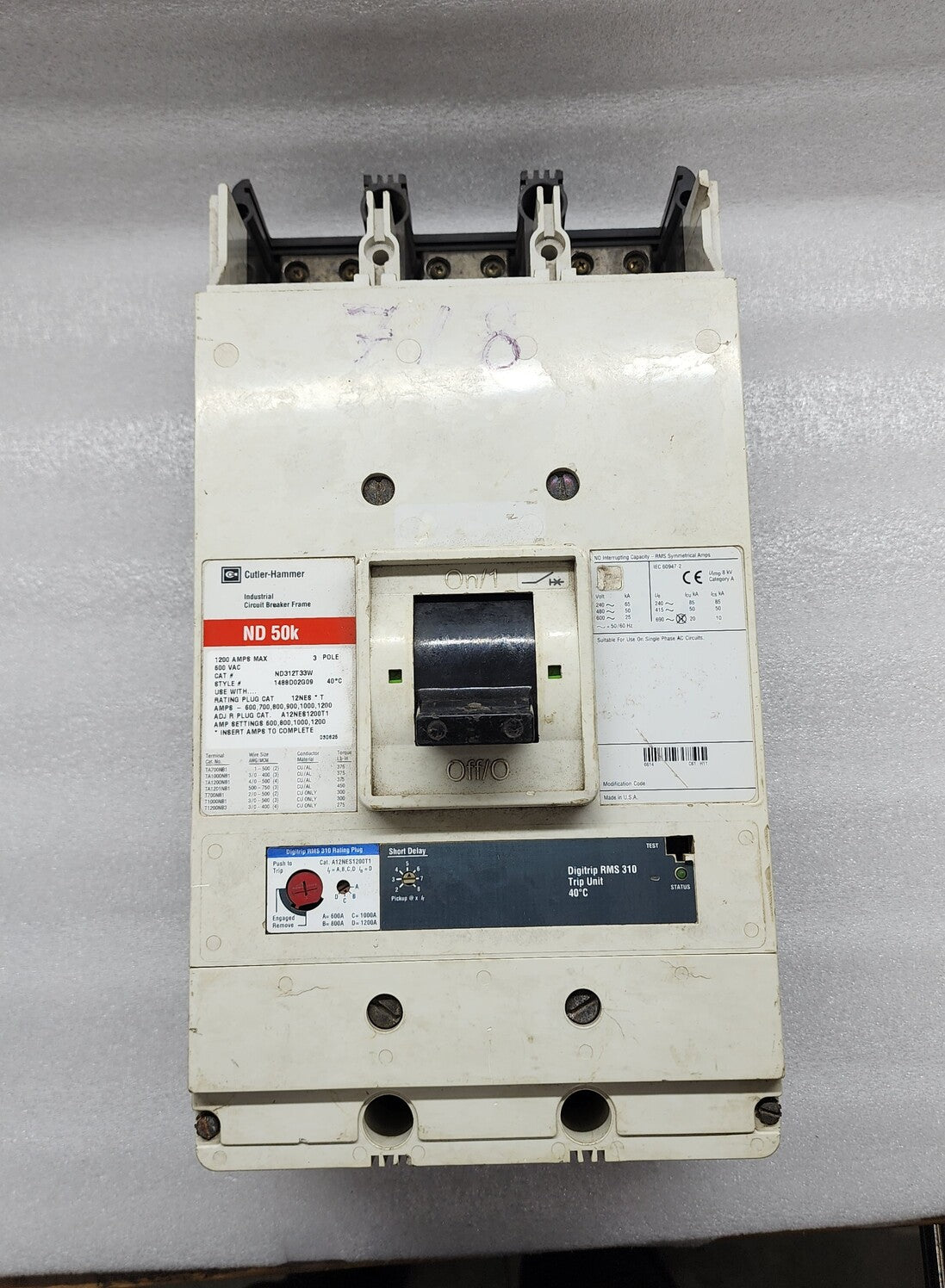 CUTLER-HAMMER ND312T33W Industrial Circuit Breaker ND 50k 1200A 600VAC 3 POLE Di