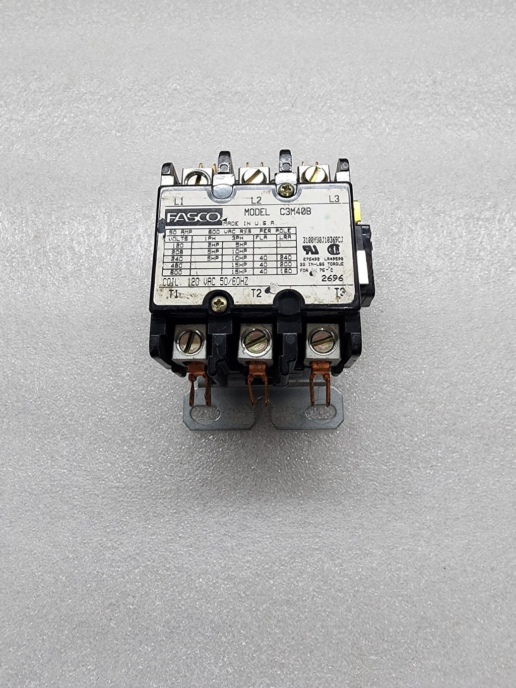 FASCO C3M40B 3-POLE MAGNETIC CONTACTOR 120V