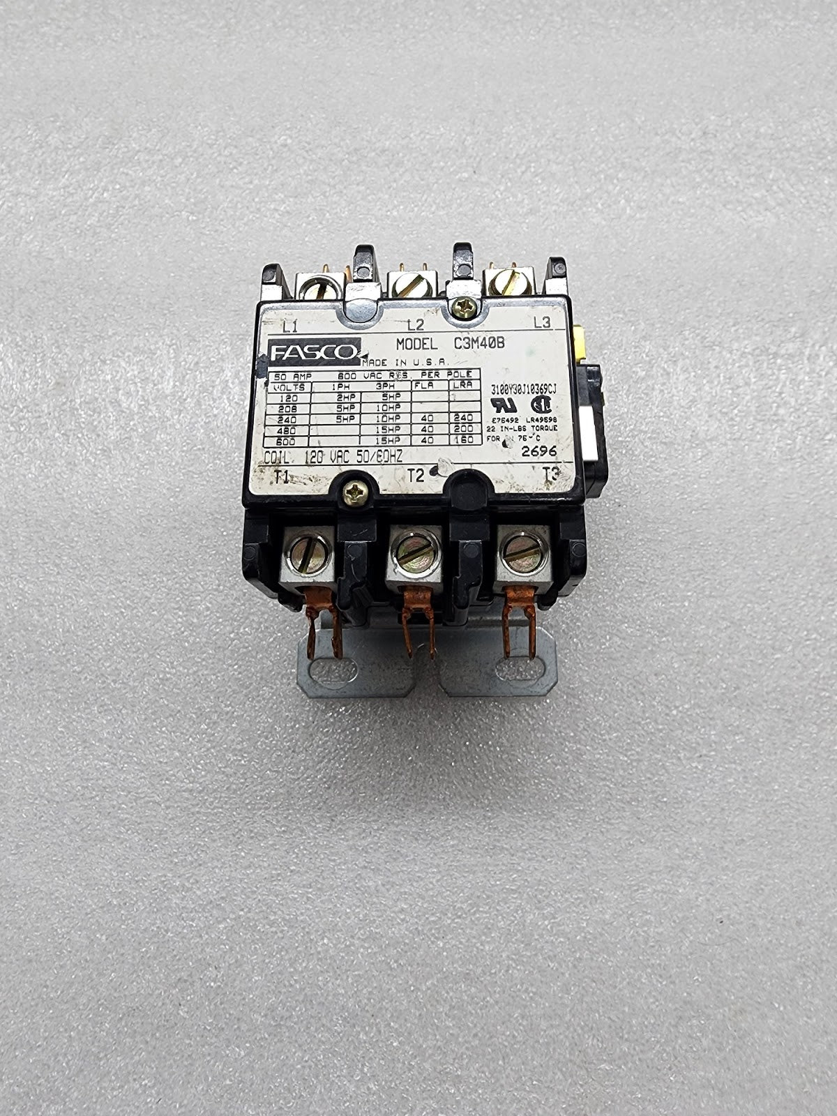 FASCO C3M40B 3-POLE MAGNETIC CONTACTOR 120V
