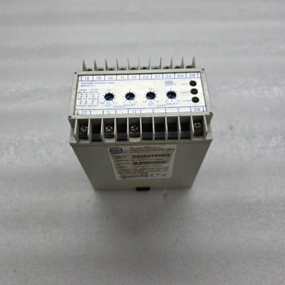 BASLER ELECTRIC 9323000102 OVER/UNDER FREQUENCY RELAY BE3-81OT/UT-1A4N3 120V