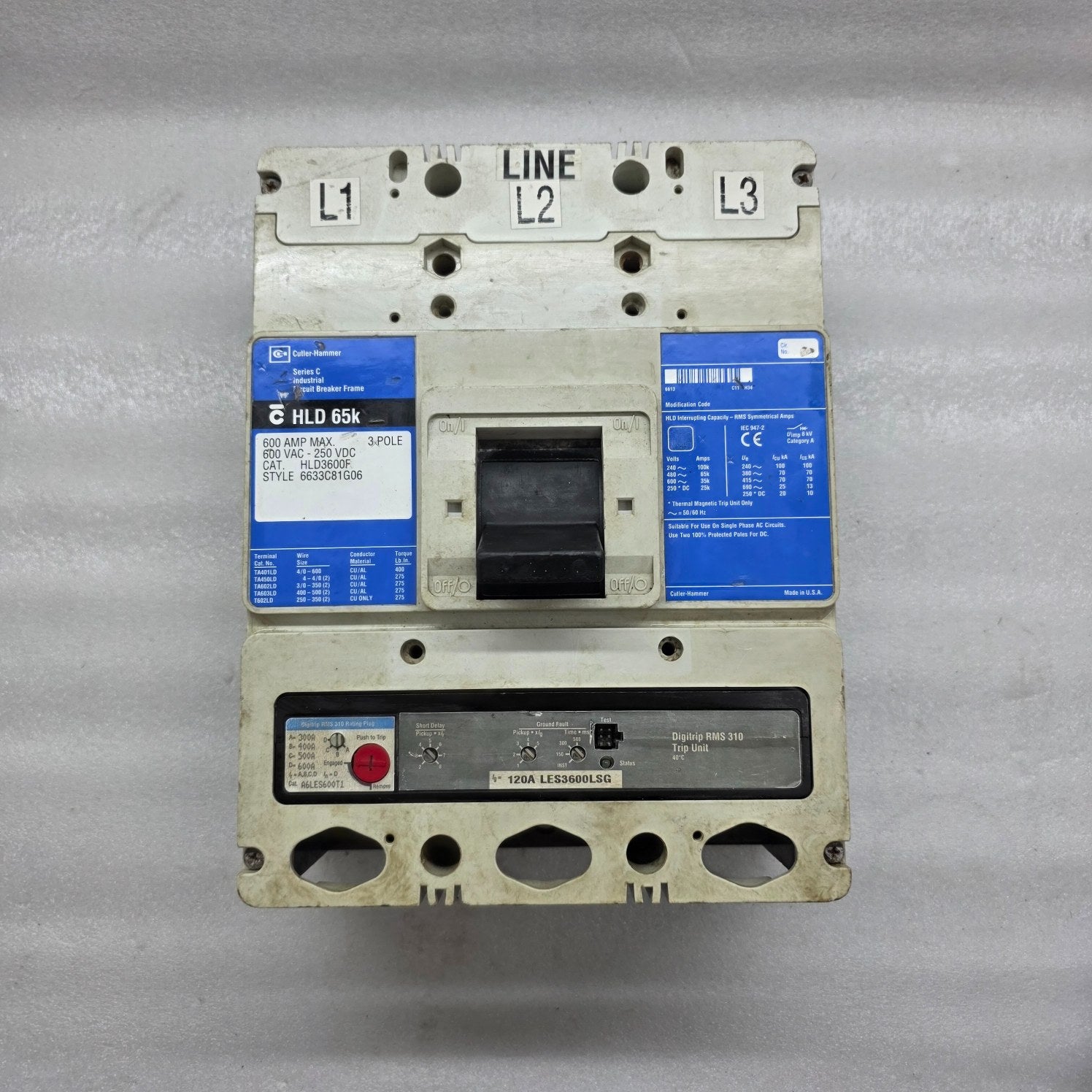 CUTLER HAMMER HLD3600F 3-POLE CIRCUIT BREAKER 600A  6633C81G06
