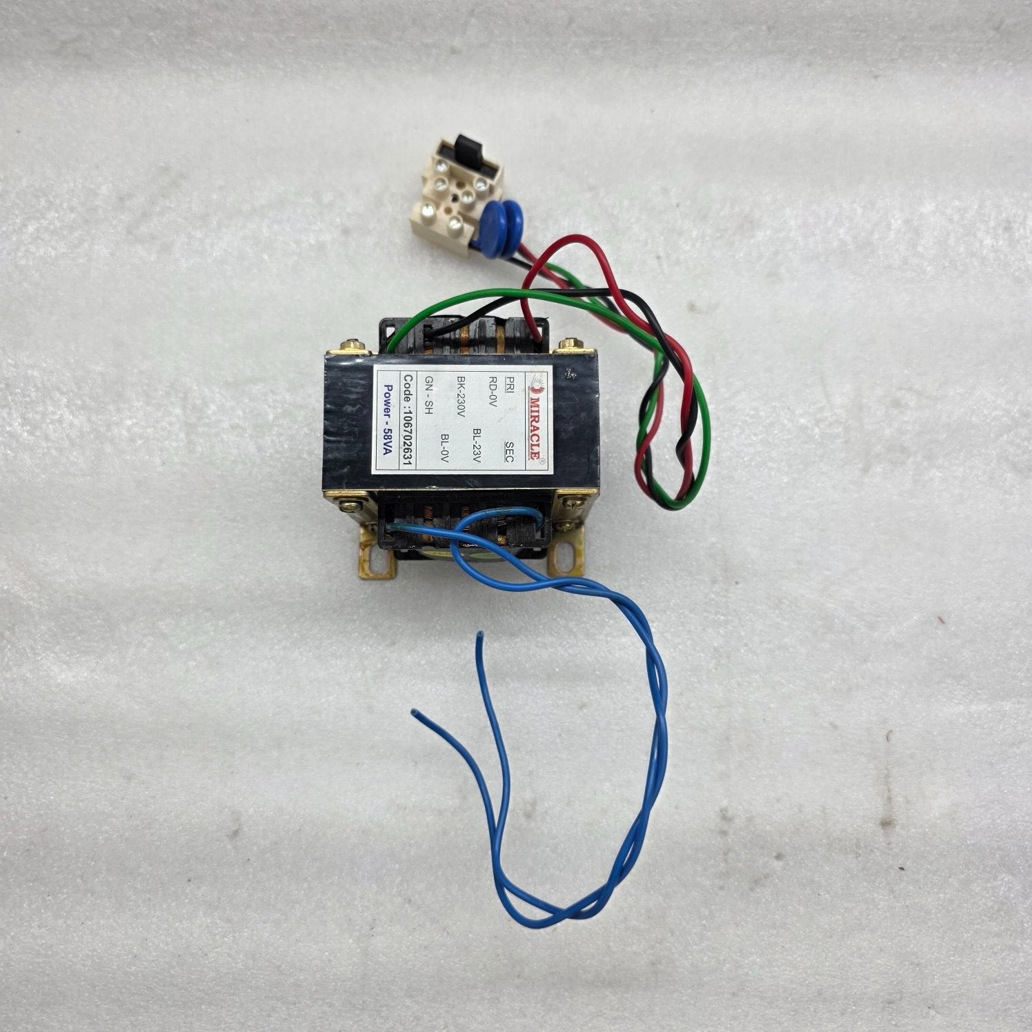 MIRACLE 106702631 58VA POWER TRANSFORMER PRI: RD-0V, BK-230V, GN-SH SEC: BL-23V,