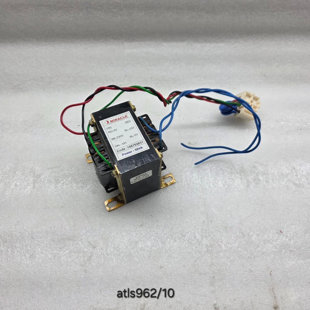 MIRACLE 106702631 58VA POWER TRANSFORMER PRI: RD-0V, BK-230V, GN-SH SEC: BL-23V,