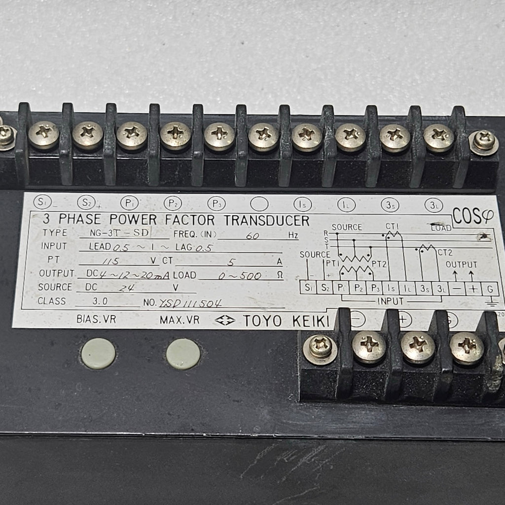 TOYO KEIKI NG-3T-SD 3-PHASE POWER FACTOR TRANSDUCER DC 4–12–20MA 60HZ