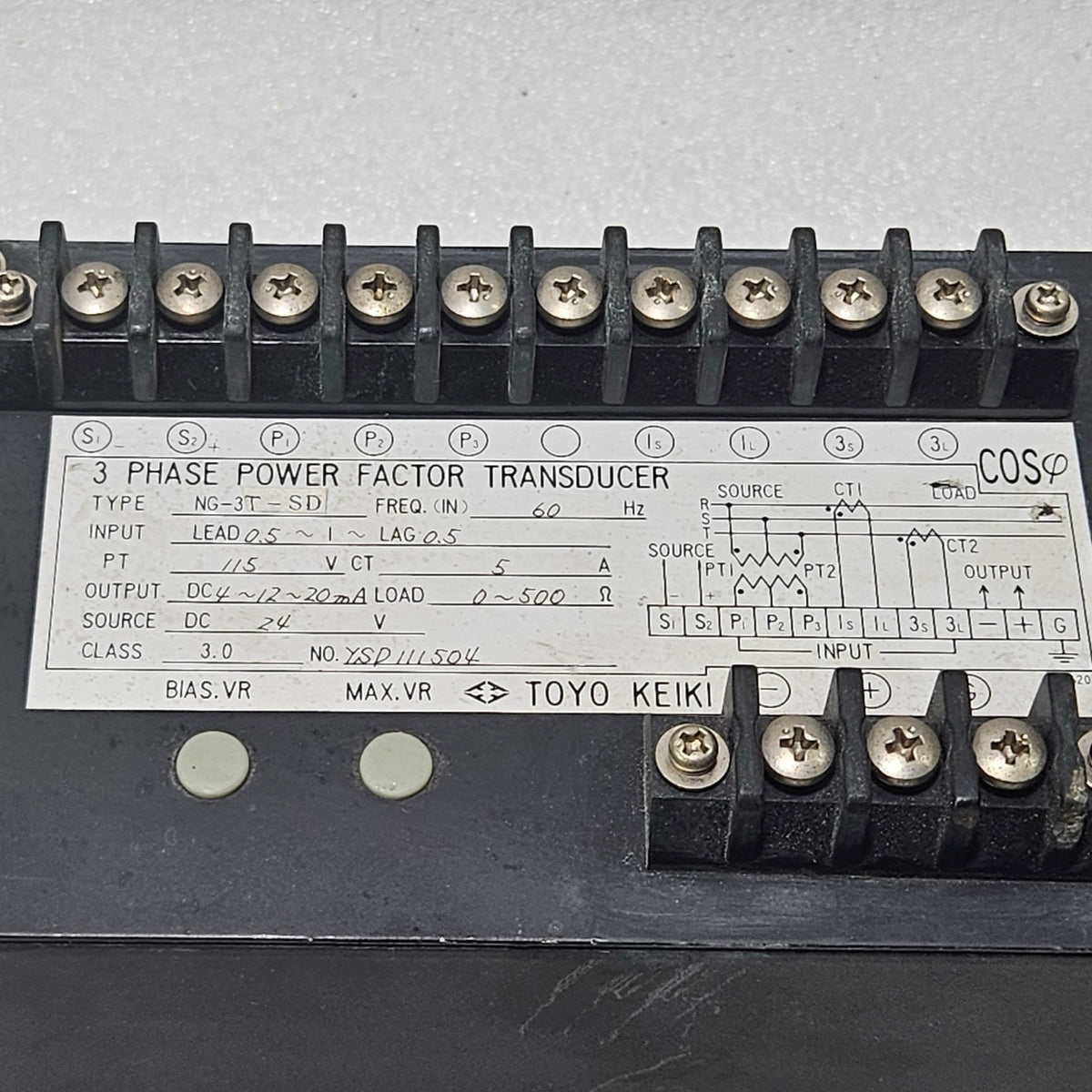 TOYO KEIKI NG-3T-SD 3-PHASE POWER FACTOR TRANSDUCER DC 4–12–20MA 60HZ