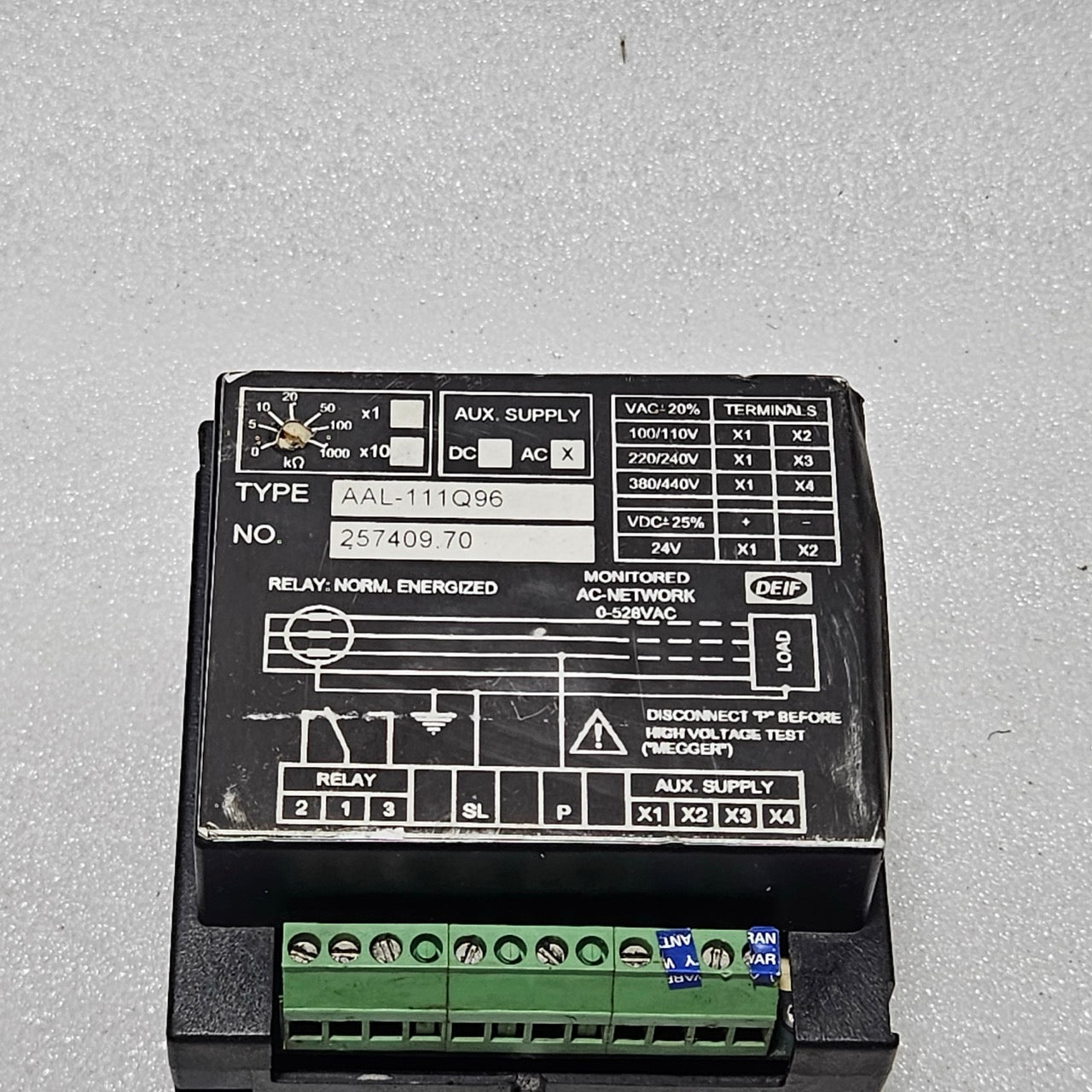 DEIF AAL-111Q96 INSULATION RESISTANCE METER MΩ PANEL MOUNT WITH RELAY OUTPUT