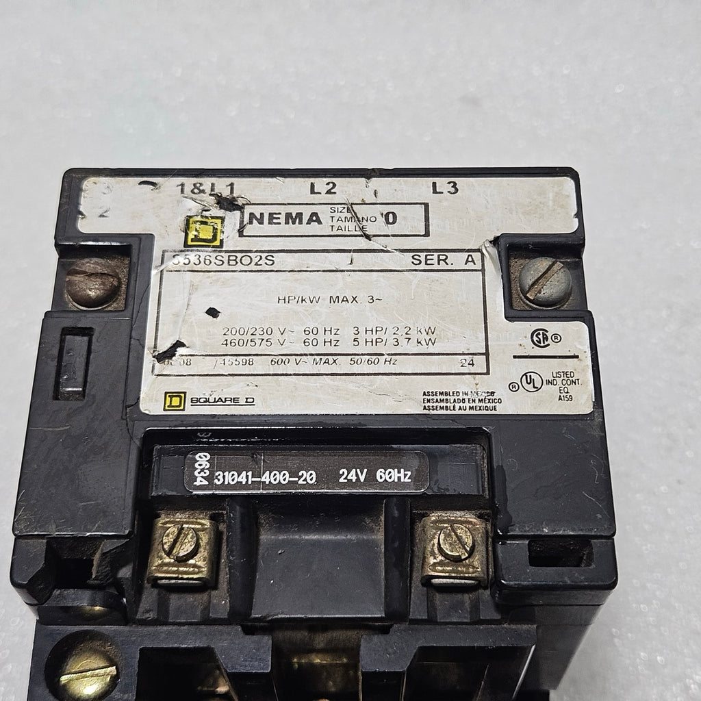 SQUARE D NEMA SIZE 0 MOTOR STARTER 8536 SBO2S (SERIES A)