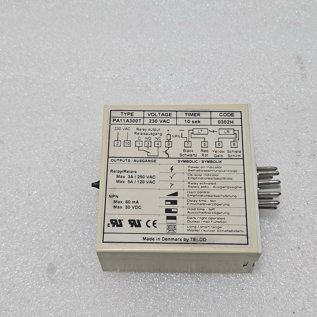 TELCO SENSORS PA11A 300T PHOTO AMPLIFIER – 230 VAC, 10 SEC TIMER 0453190000