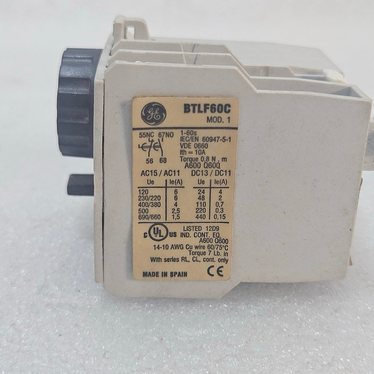 GE BTLF60C TIME DELAY RELAY 1–60S INDUSTRIAL TIMER MODULE IEC 60947-5-1 MADE IN