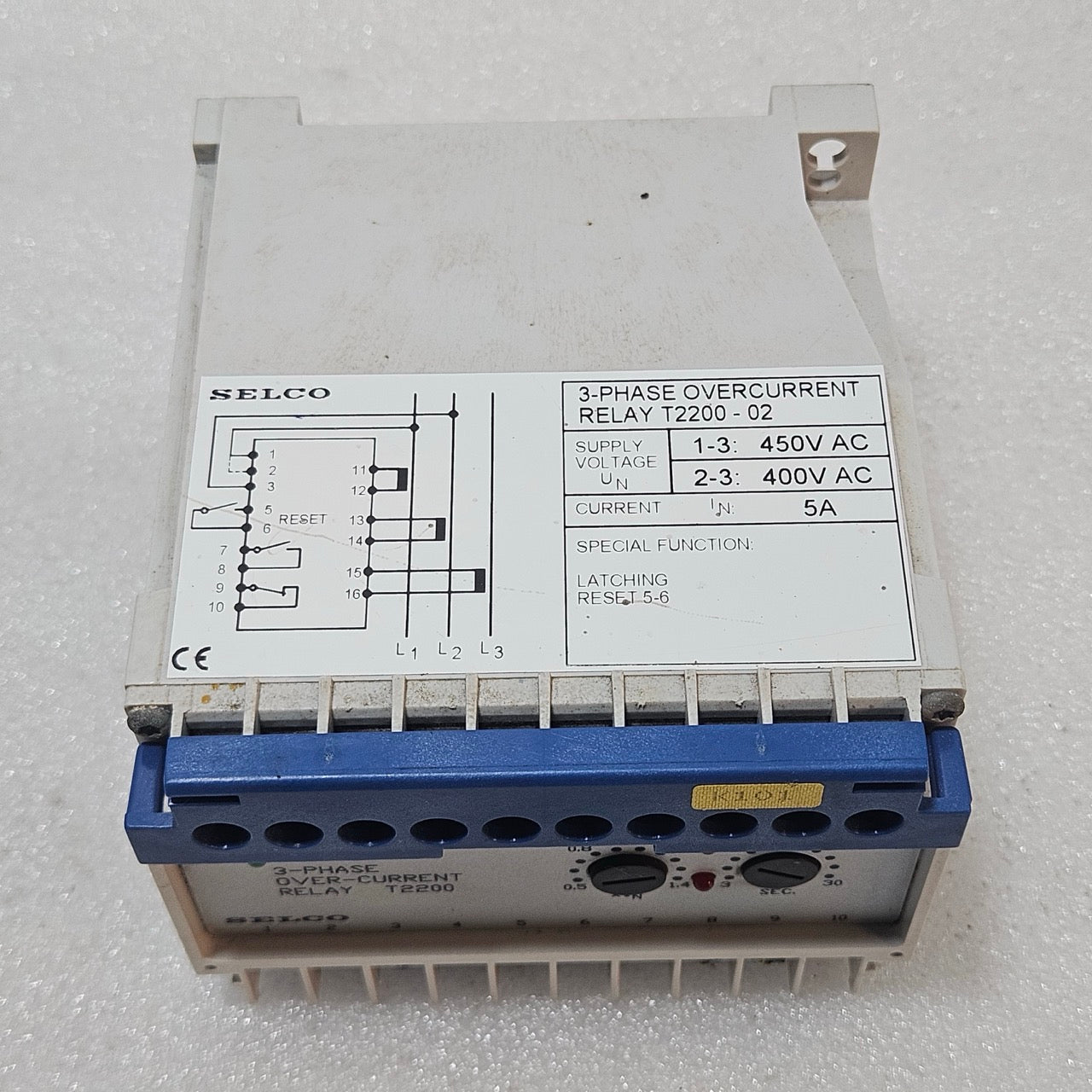 SELCO T2200-02 3-PHASE OVERCURRENT RELAY 400/450VAC 5A LATCHING PROTECTION RELAY