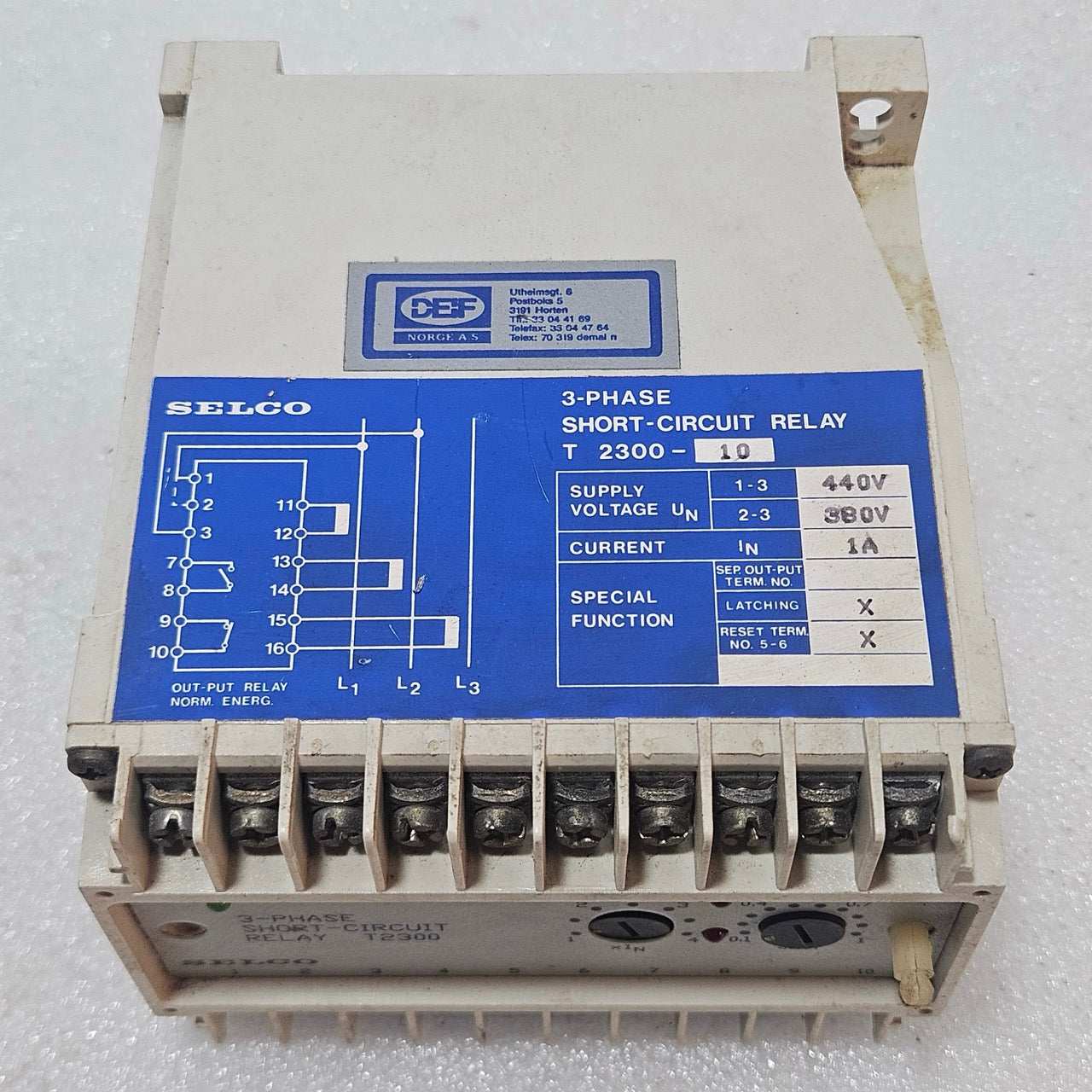 SELCO T2300-10 3-PHASE SHORT-CIRCUIT RELAY 380/440VAC 1A LATCHING PROTECTION REL