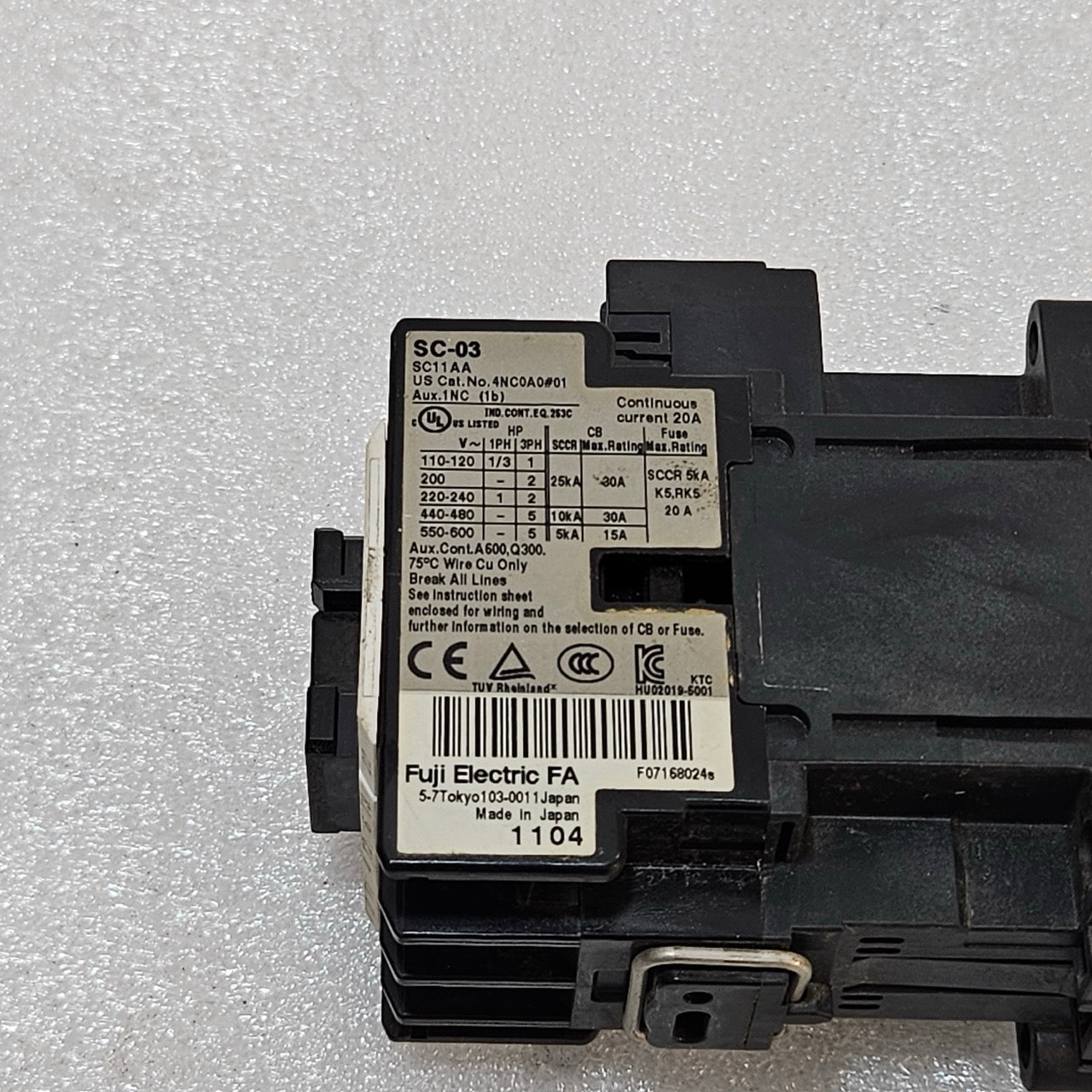 FUJI ELECTRIC SC-03 MAGNETIC CONTACTOR 20A AC-3 MOTOR CONTACTOR WITH 100-110V CO