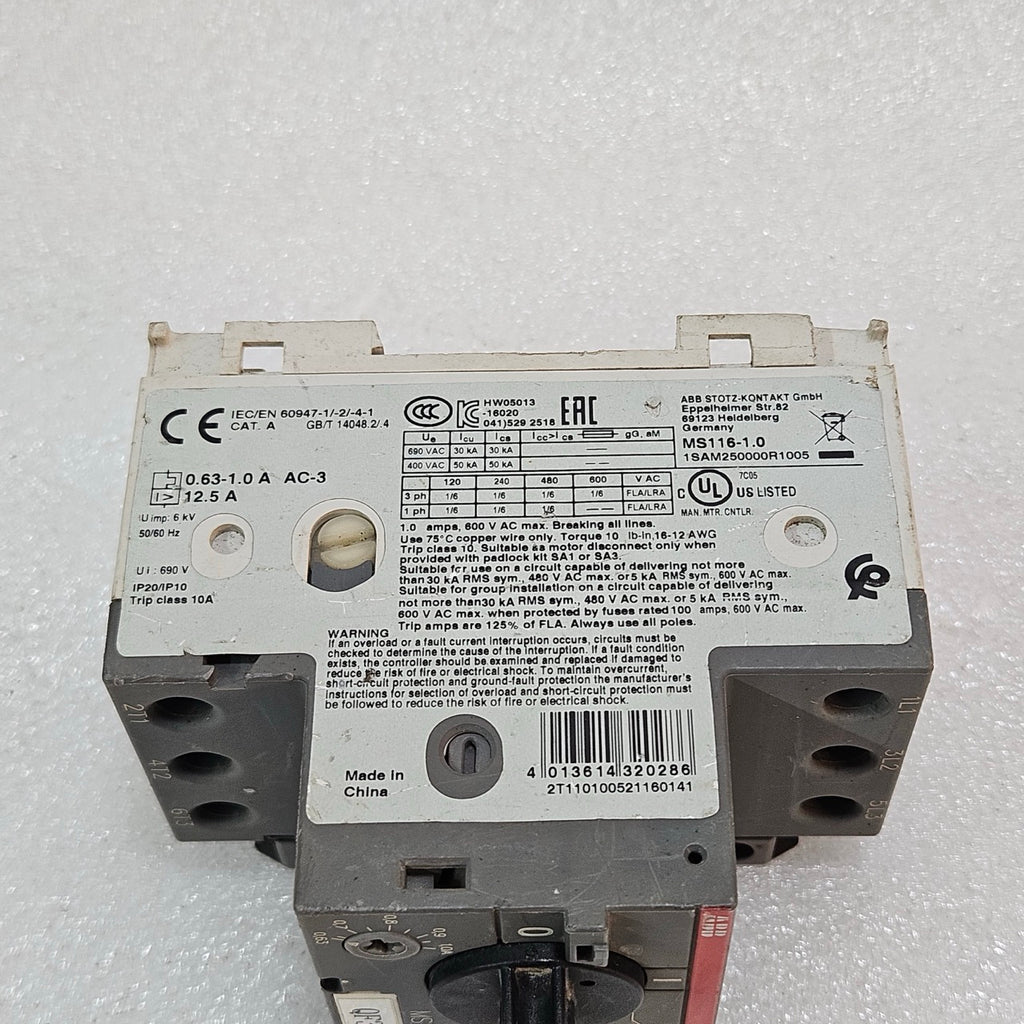 ABB MS116-1.0 MANUAL MOTOR STARTER / MOTOR PROTECTION CIRCUIT BREAKER 0.63–1.0A