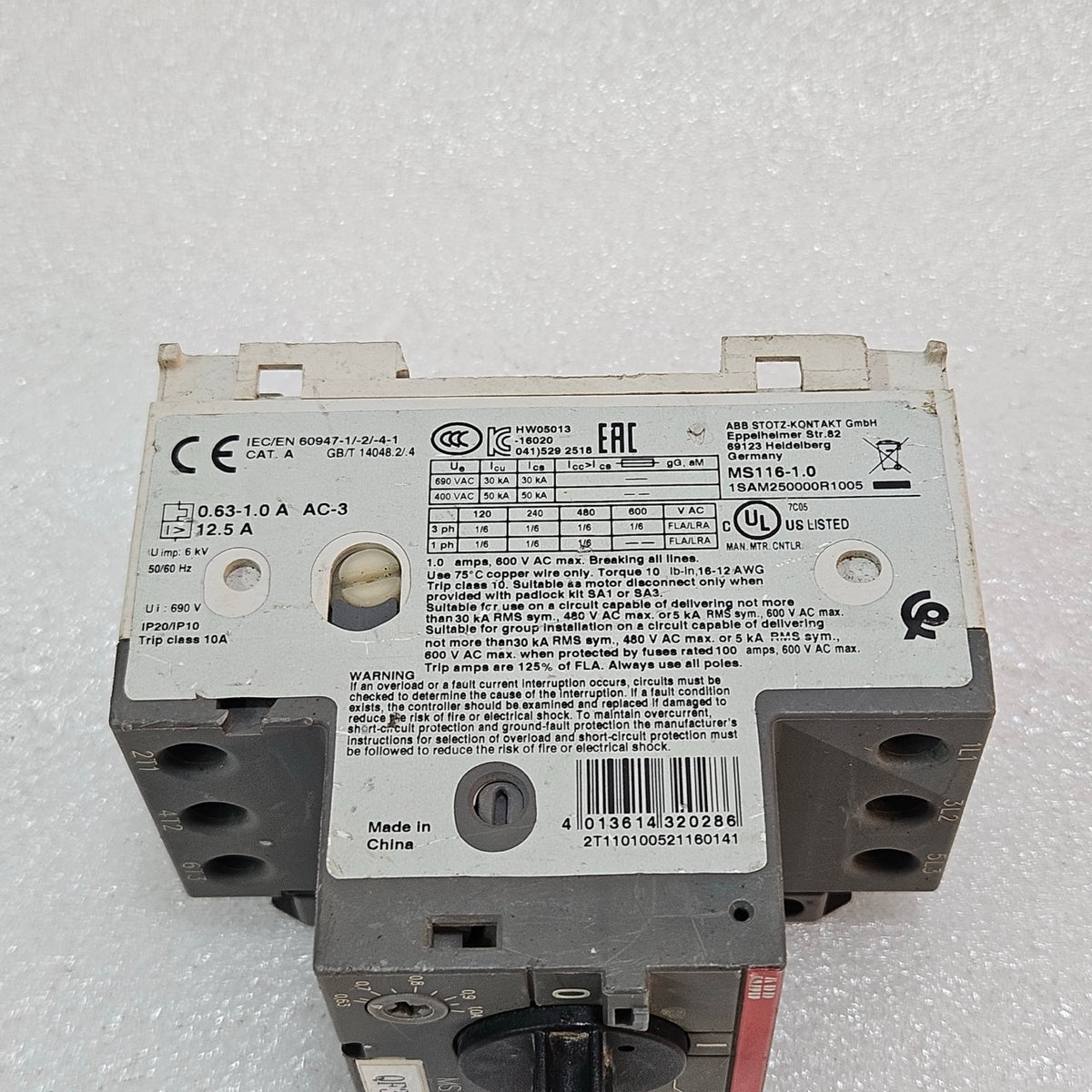 ABB MS116-1.0 MANUAL MOTOR STARTER / MOTOR PROTECTION CIRCUIT BREAKER 0.63–1.0A