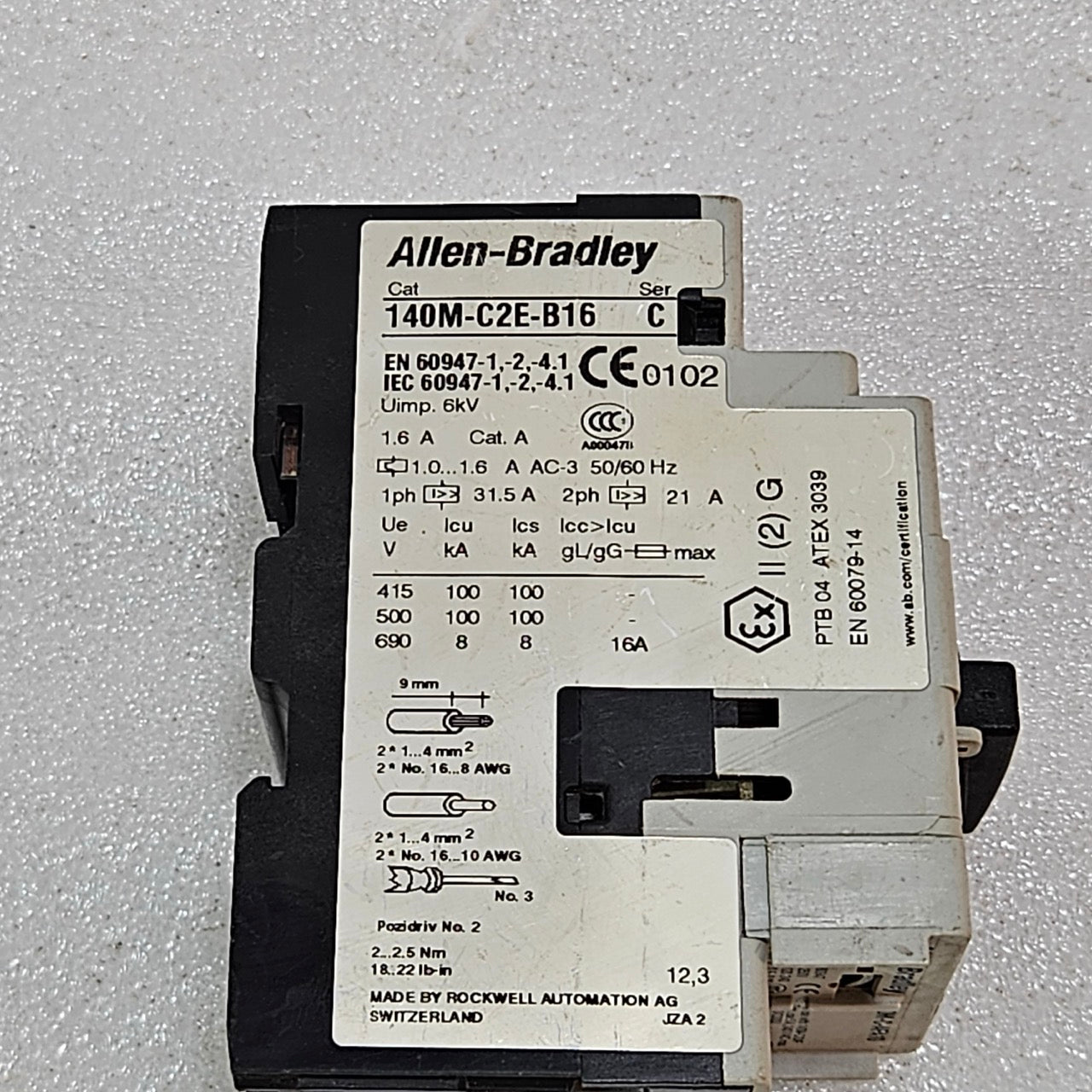 ALLEN-BRADLEY 140M-C2E-B16 MOTOR PROTECTION CIRCUIT BREAKER 1.0–1.6A CLASS 10 MA