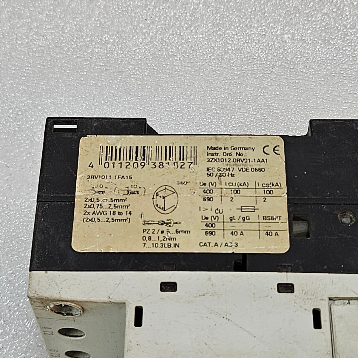 SIEMENS SIRIUS 3RV1011-1FA15 MOTOR PROTECTION CIRCUIT BREAKER MPCB 3.5–5A CLASS
