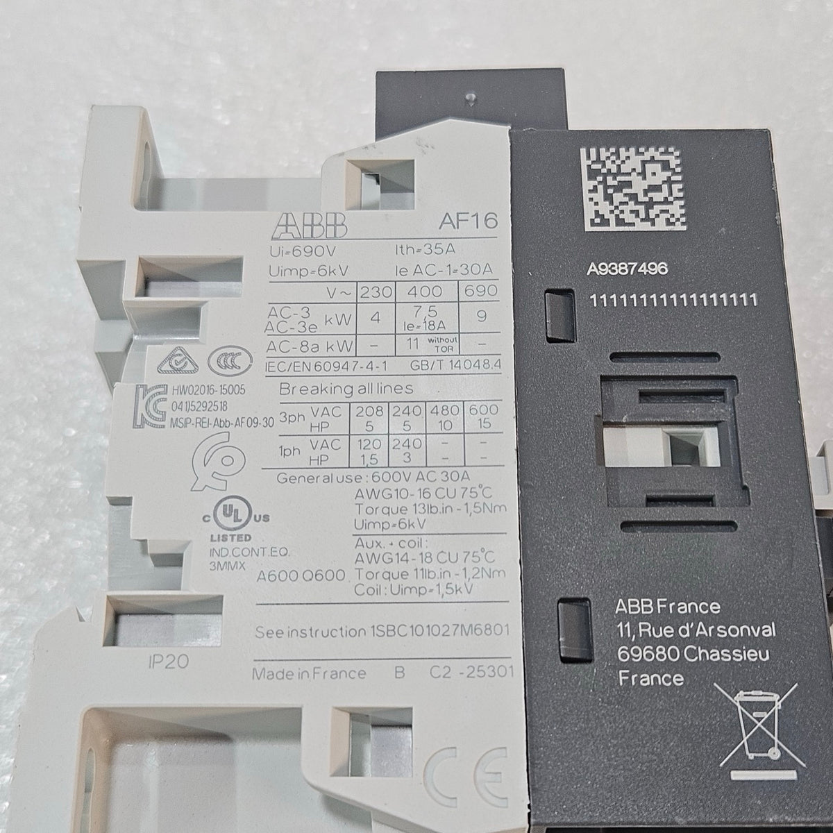 ABB AF16-30-10-13 CONTACTOR 1SBL177001R1310 | 30A AC-1 | 7.5KW 400V | 100-250VAC