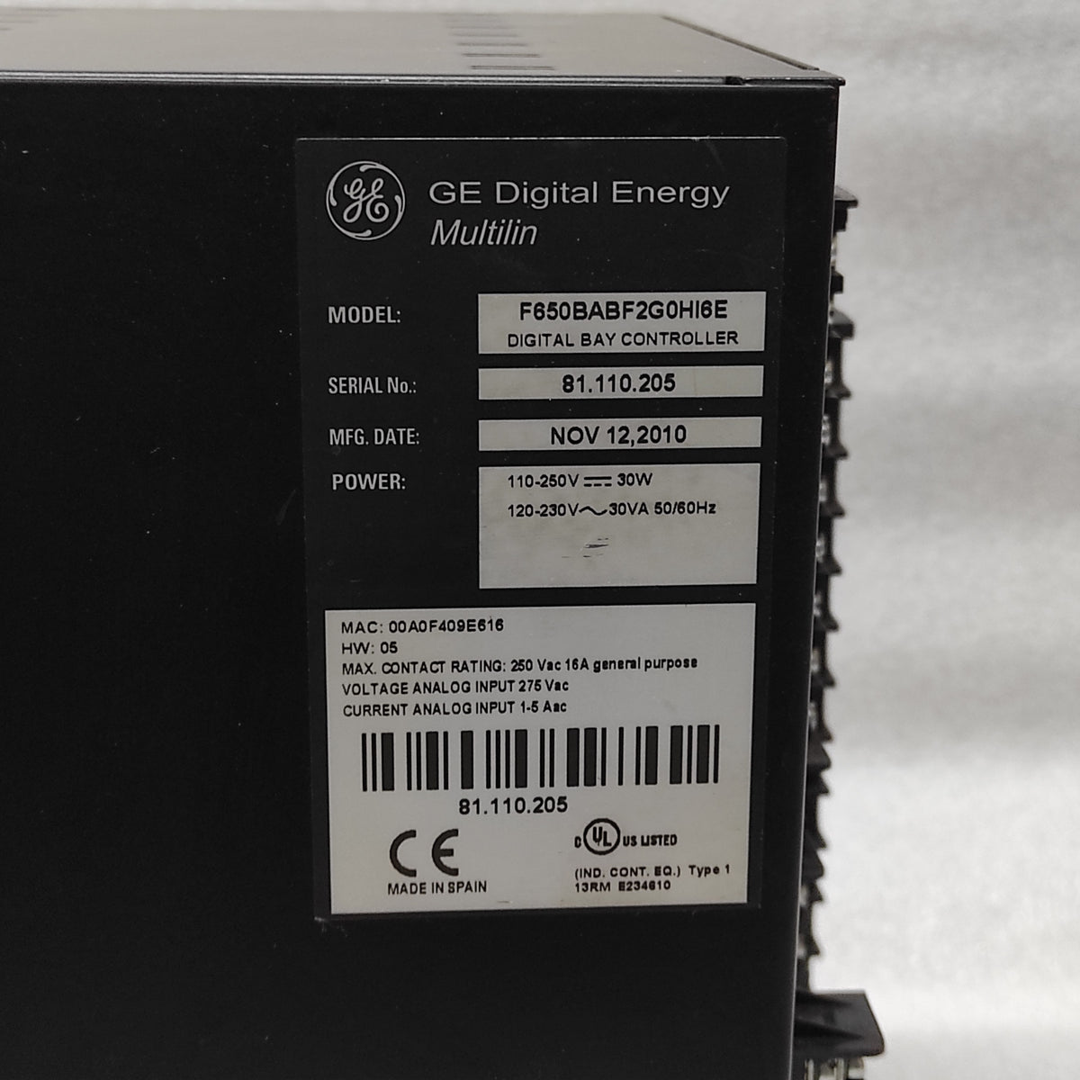 GE MULTILIN F650 F650BABF2G0HI6E DIGITAL BAY CONTROLLER 110-250VDC/120-230VAC