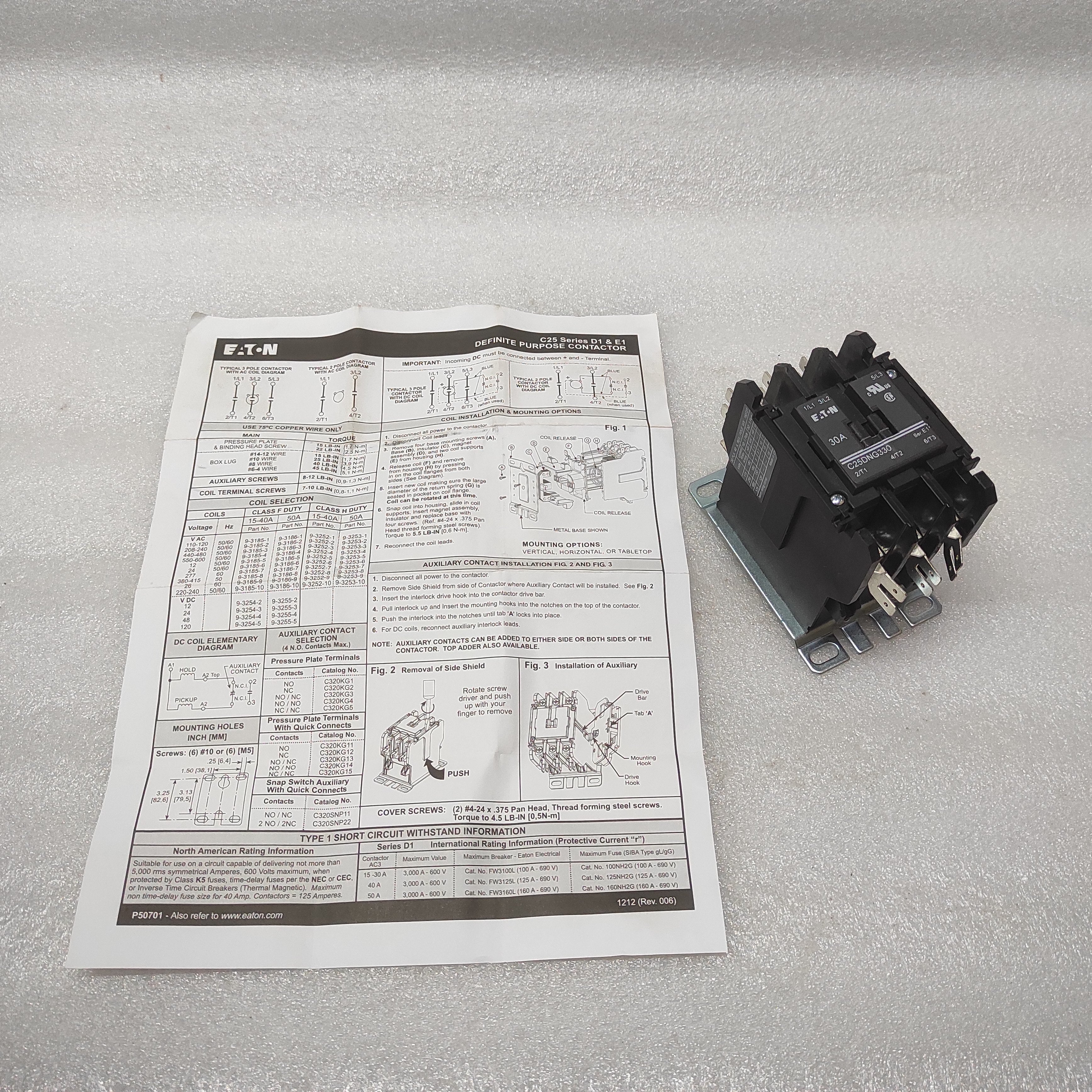 EATON C25DNG330 MAGNETIC CONTACTOR COIL VOLTAGE 24VAC
