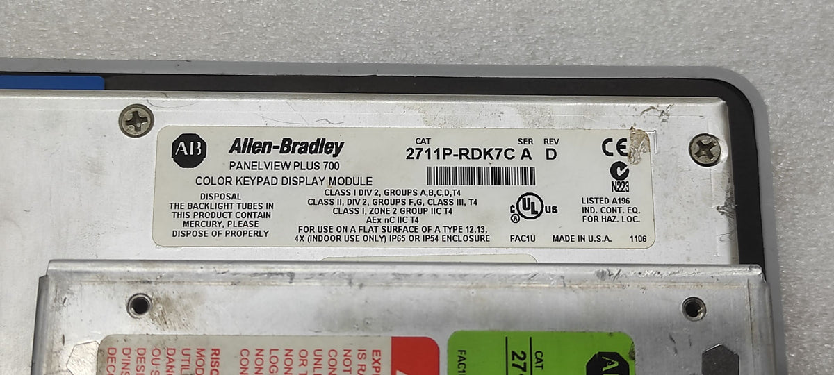 ALLEN BRADLEY PANELVIEW PLUS 700 2711P-RDK7C HMI 2711P-RP1