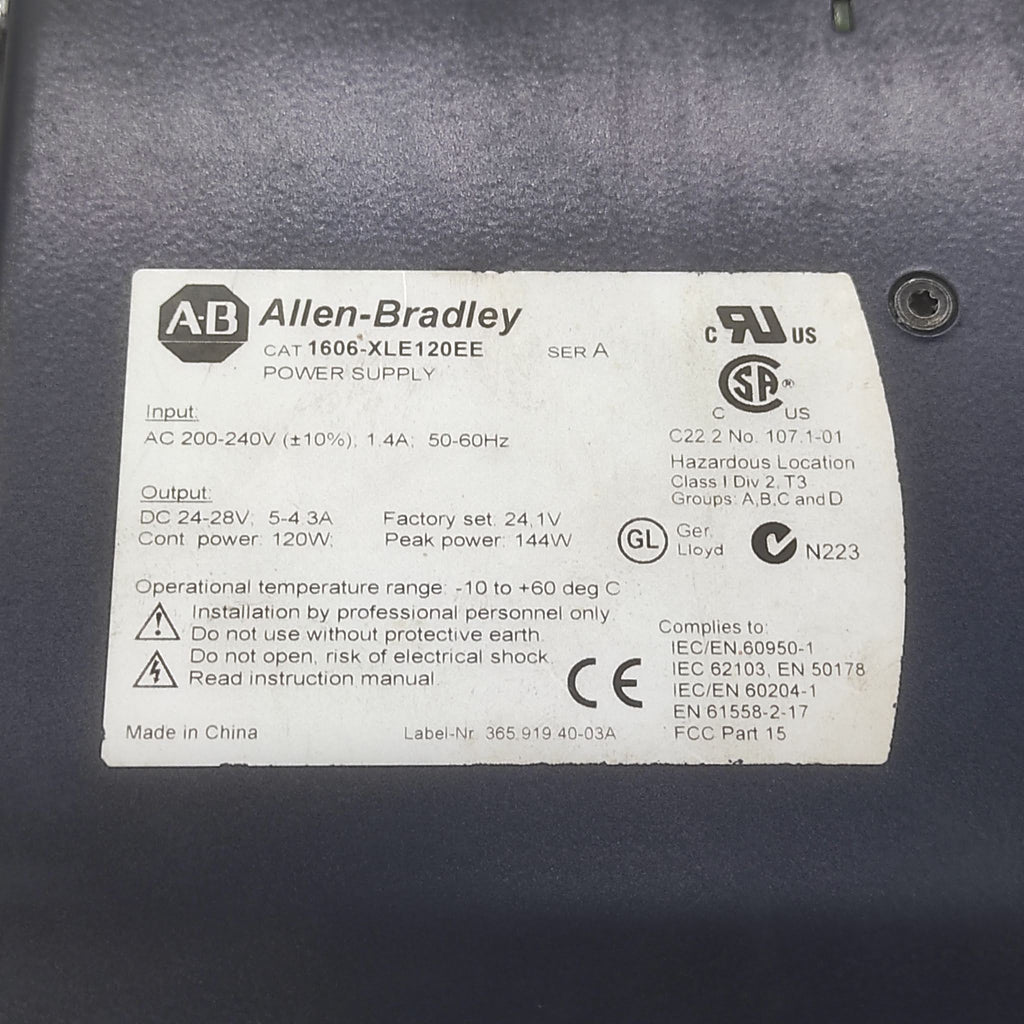 ALLEN BRADLEY CAT 1606-XLE120EE POWER SUPPLY 24VDC 5A
