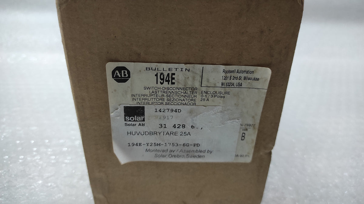 ALLEN BRADLEY 194E-Y25M-1753-6G-PD SWITCH DISCONNECTOR 194E-A25-1753