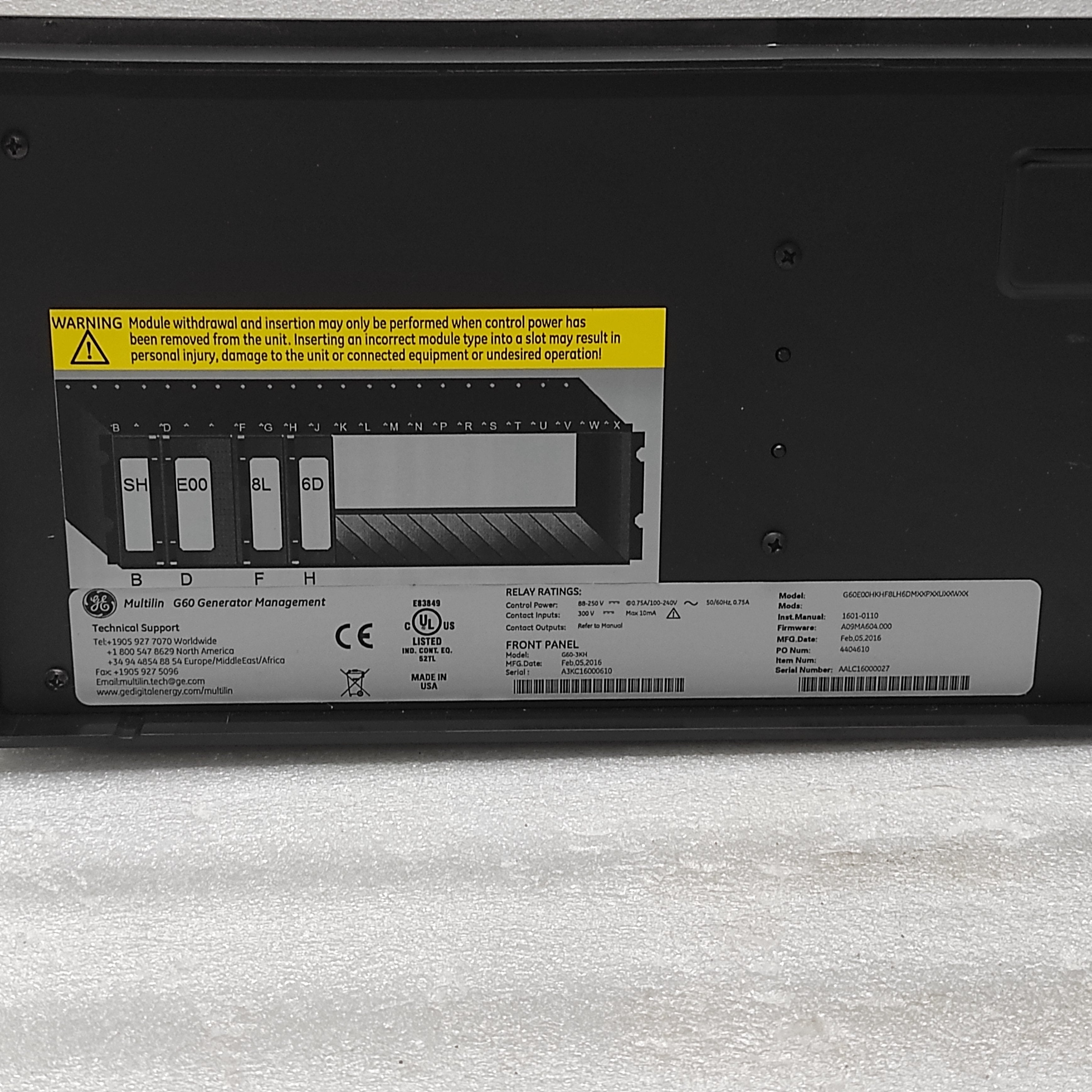 GE MULTILIN G60 G60E00HKHF8LH6DMXXPXXUXXWXX GENERATOR PROTECTION SYSTEM 1601-011